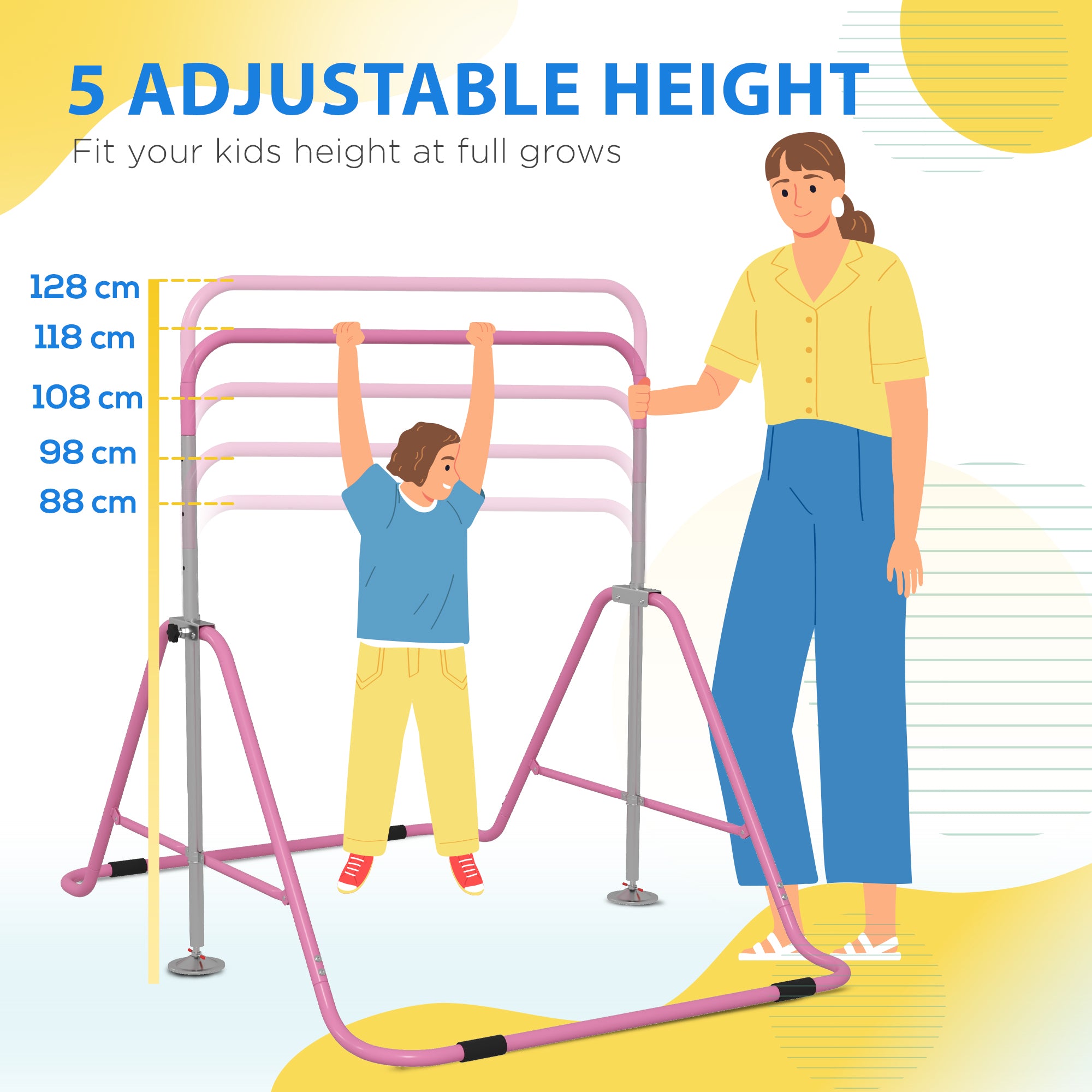 Adjustable Foldable Kids Gymnastic Bar with Horizontal Bars - Pink