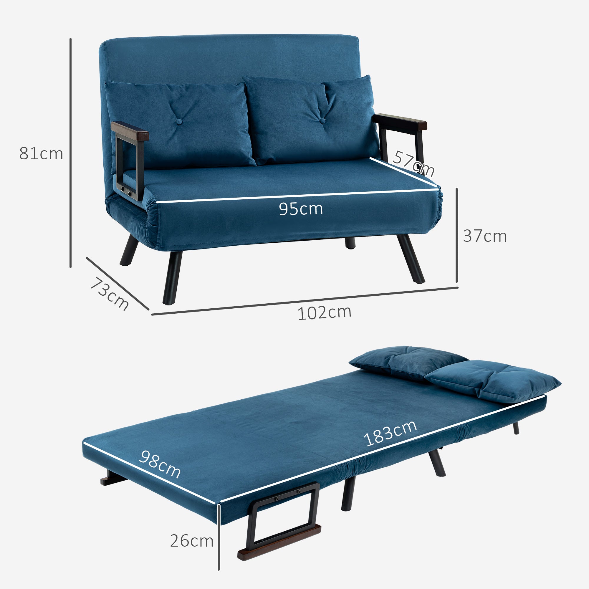 4-in-1 Velvet-Feel Double Sofa Bed, with Pillows - Blue