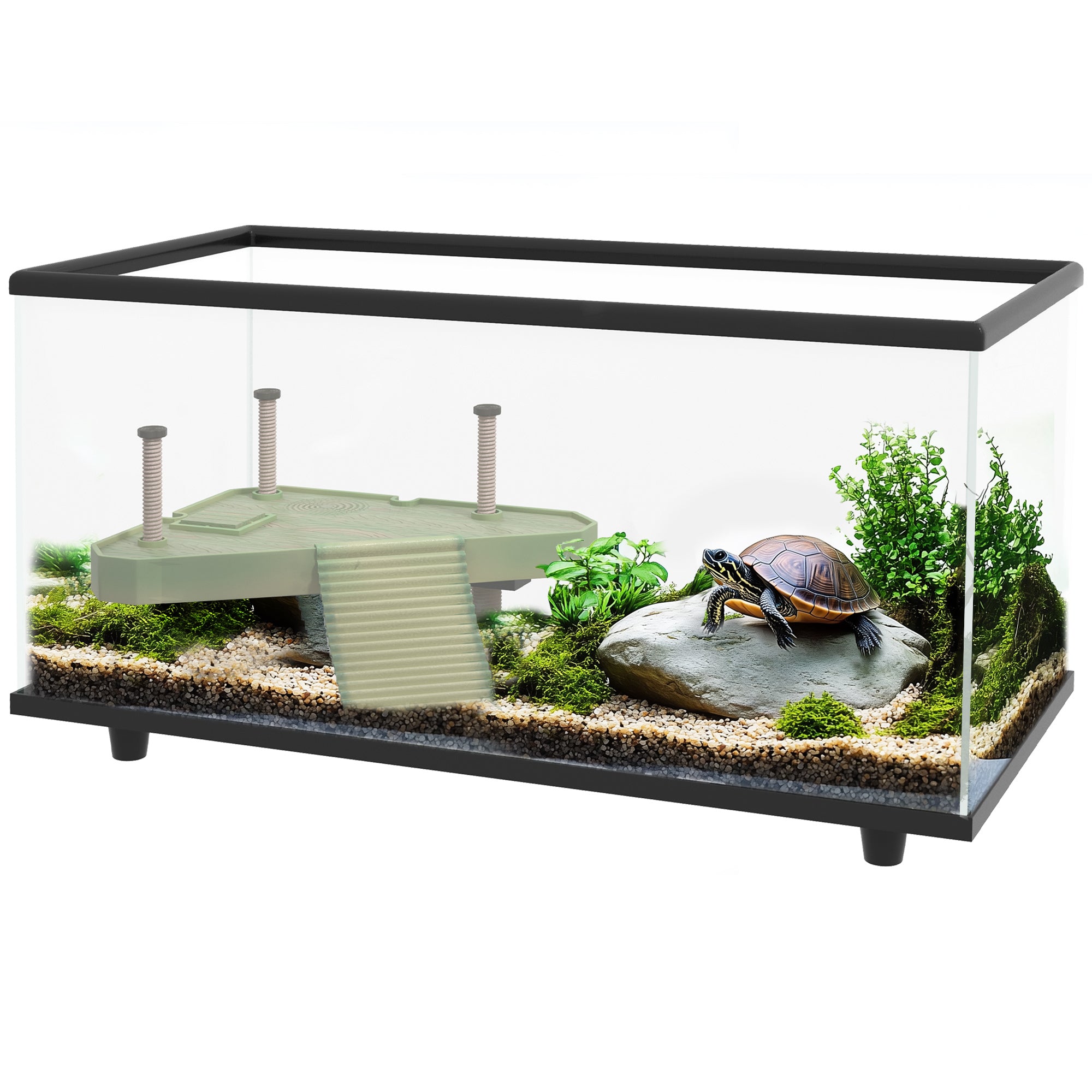 50L Glass Turtle Tank Aquarium with Basking Platform, Easy Drainage, Strip Patch Thermometer