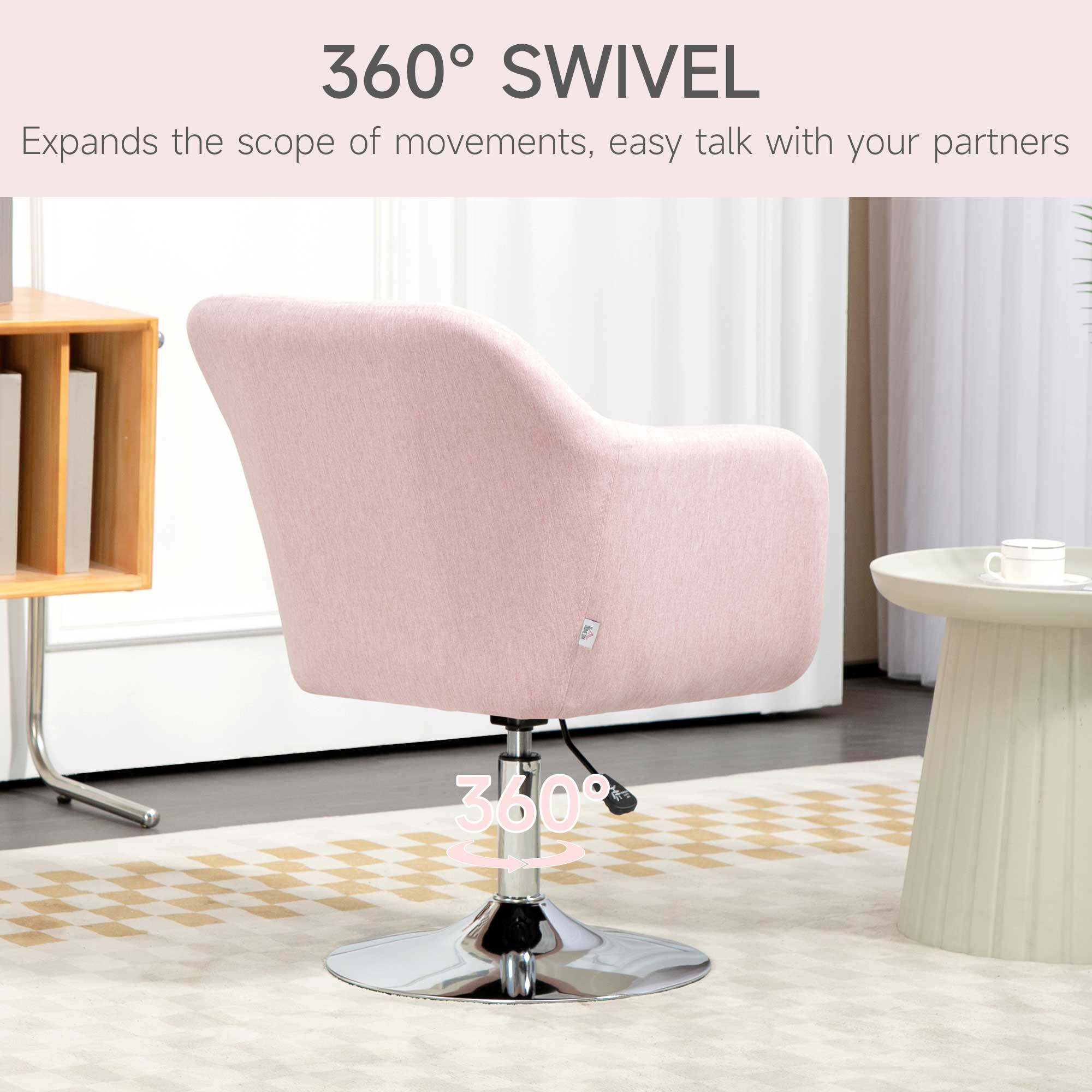 Swivel Linen Fabric Accent Chair for Living Room Contemporary Vanity Armchair with Adjustable Height Thick Cushion Lumbar Support Armrest for Bedroom Office Pink