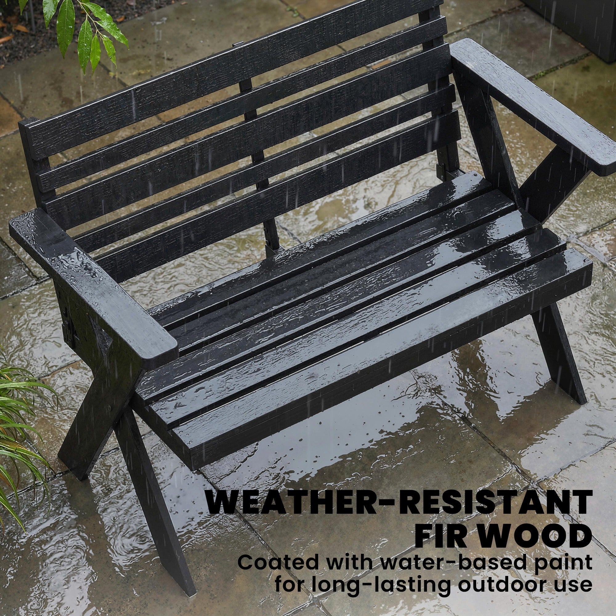 2 Seater Wooden Garden Bench, Slatted Patio Bench with Armrest and Backrest, Black