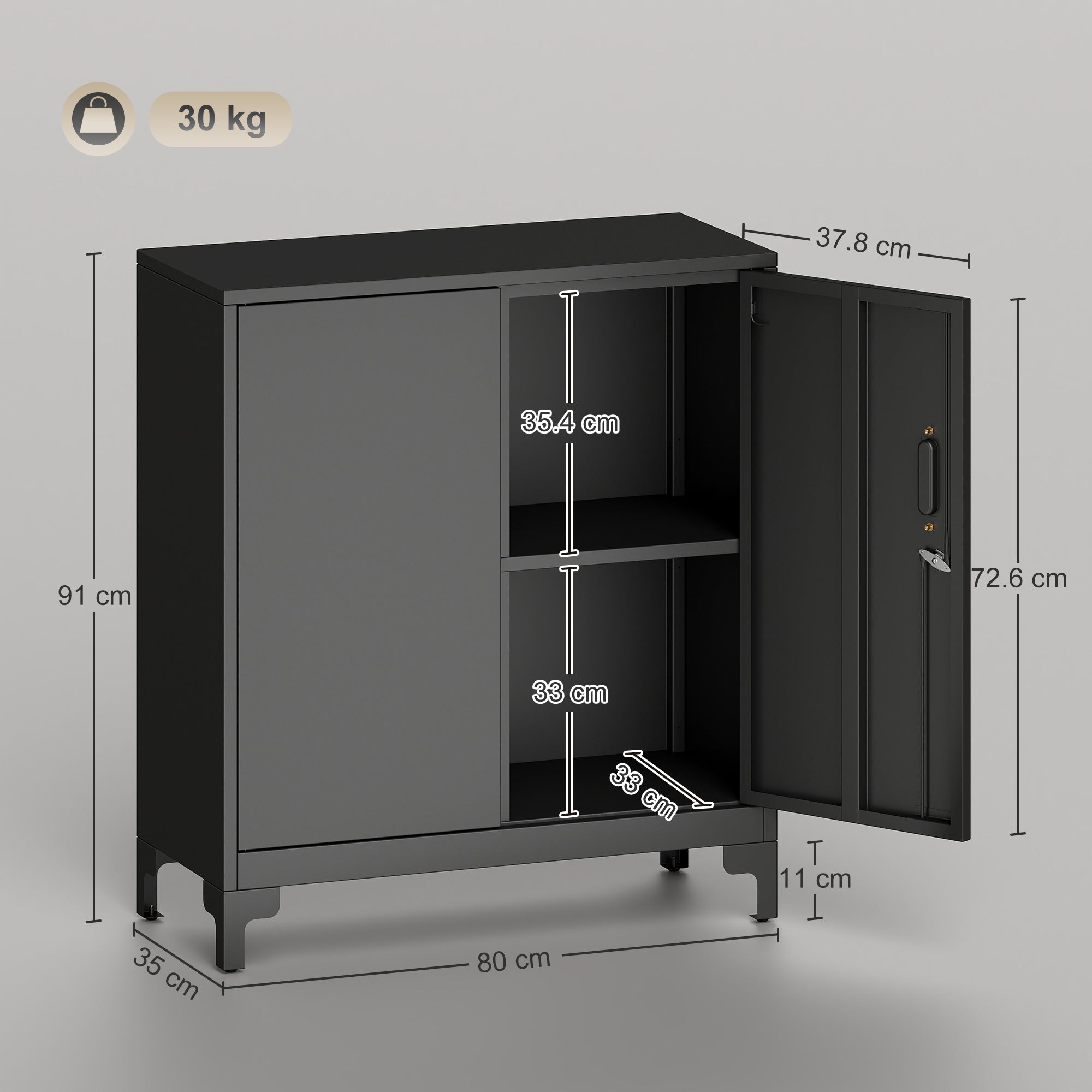 Lockable Metal Filing Cabinet, 2-Tier Storage Cupboard with Double Doors, Modern Office Organiser, Black