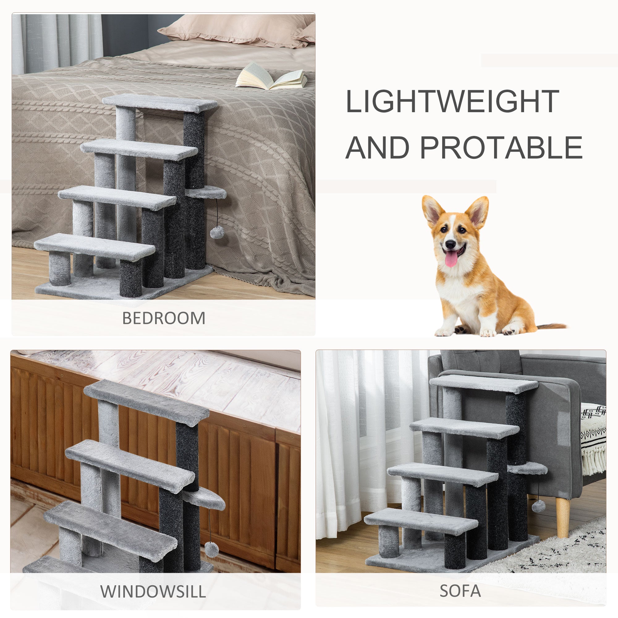 4-step Pet Stairs with Scratching Posts, Platforms, Toy Ball, Grey