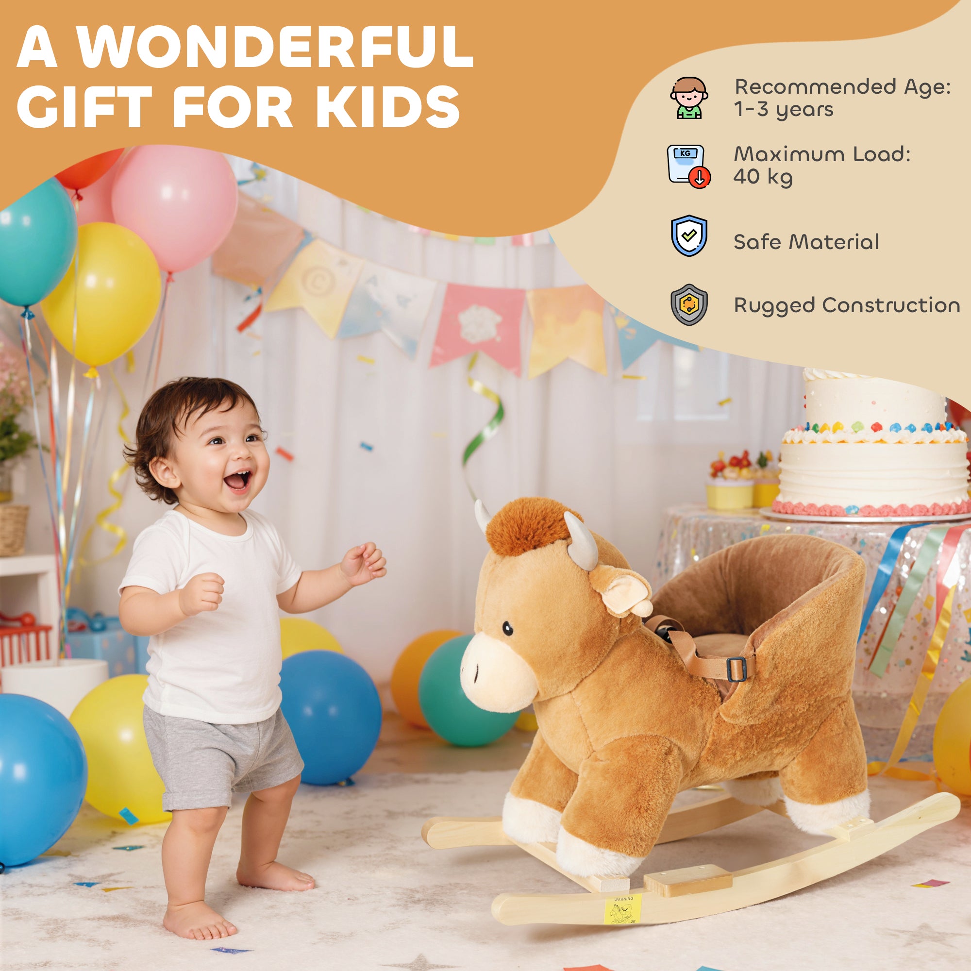 Baby Rocking Horse with Safety Belt, Wood Base, Animal Rocker for Children, Brown