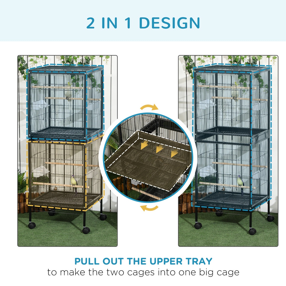 Bird Cage Budgie Cage 2 In 1 Large Aviary with Wheels Removable Trays for Finch Canaries Cockatiels Black