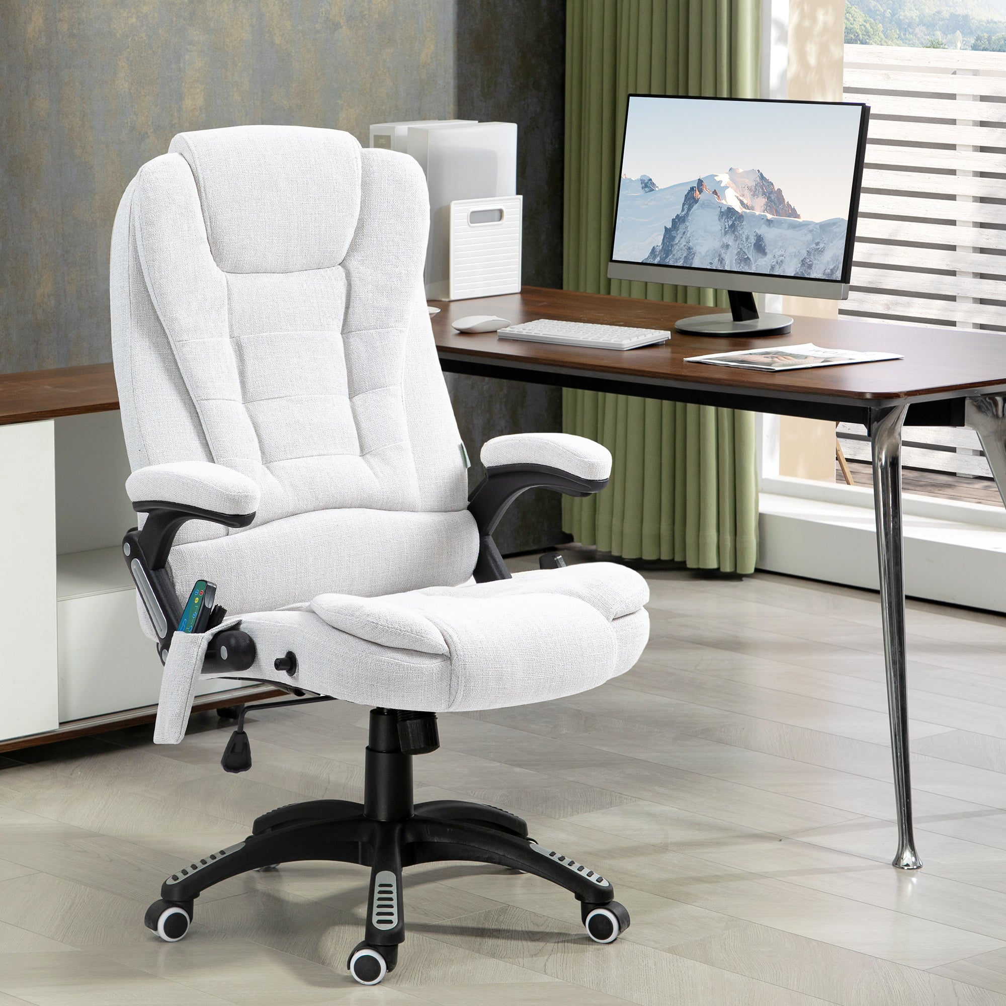 Massage Recliner Chair Heated Office Chair with Six Massage Points Linen-Feel Fabric 360° Swivel Wheels Cream White