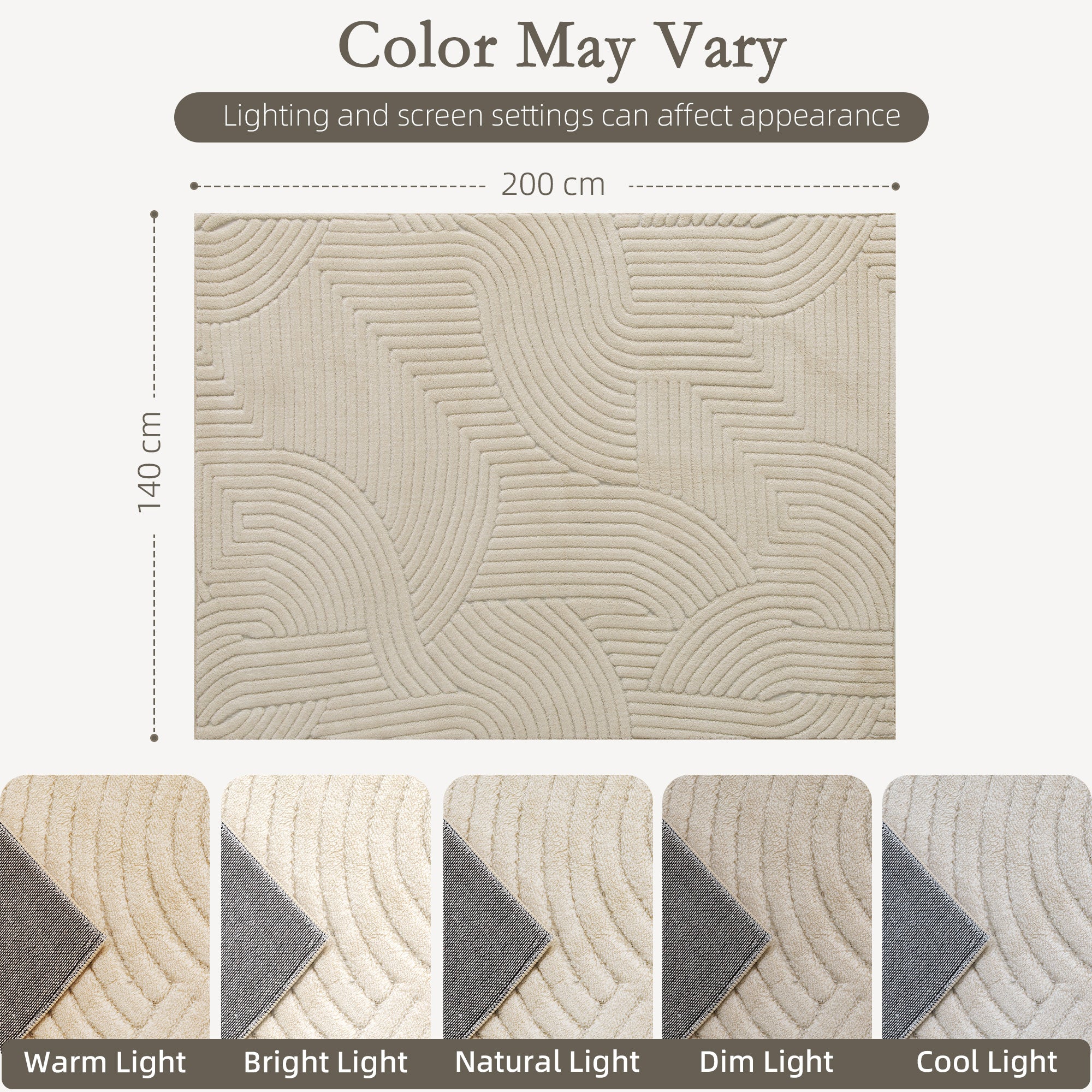 Modern Geometric Rug, Thick Plush, Non-Slip, 200 x 140 cm – Cream, Living Room/Bedroom/Office