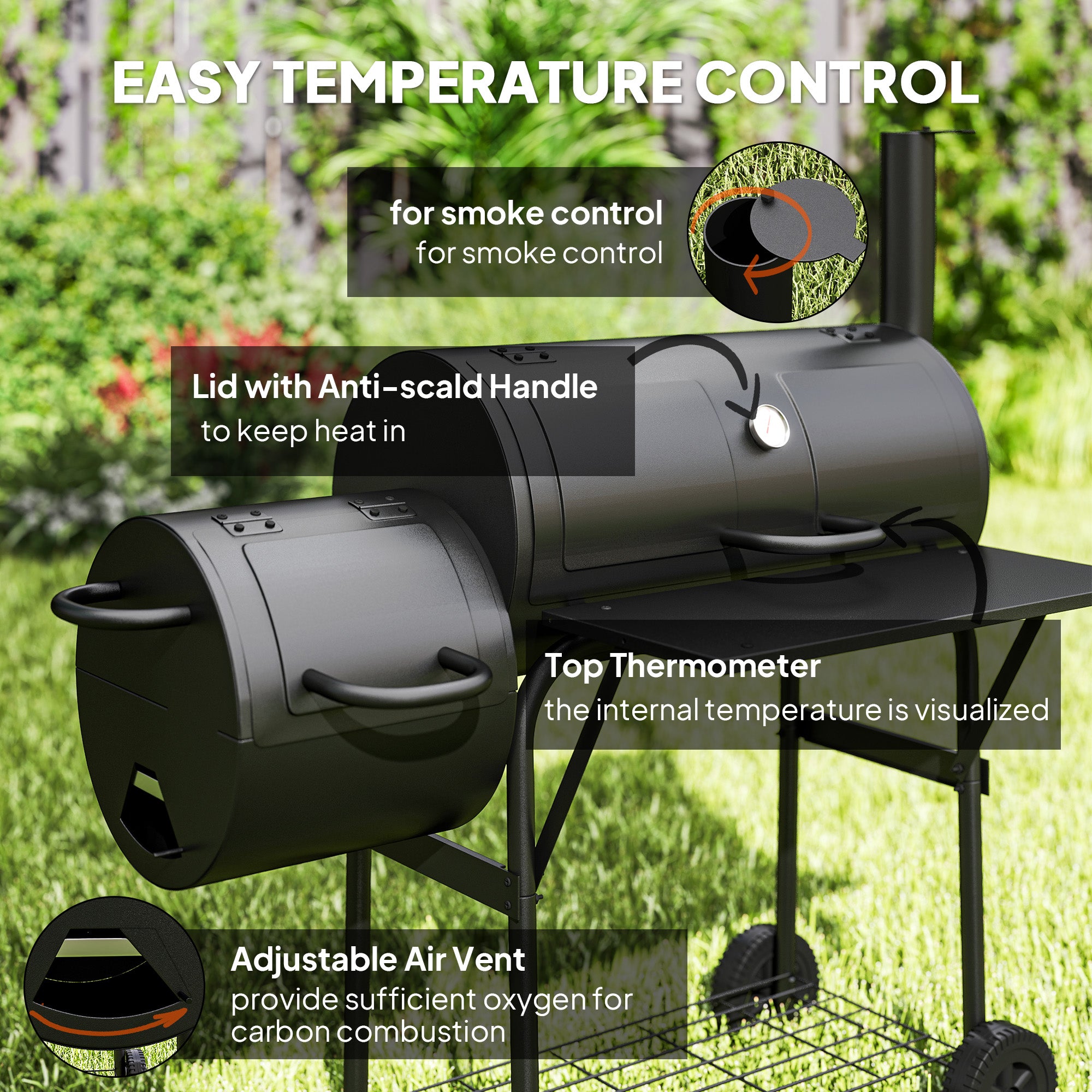 Barbecue Grill Portable Outdoor Charcoal BBQ Grill with Offset Smoker 109 x 60 x 120 cm Black