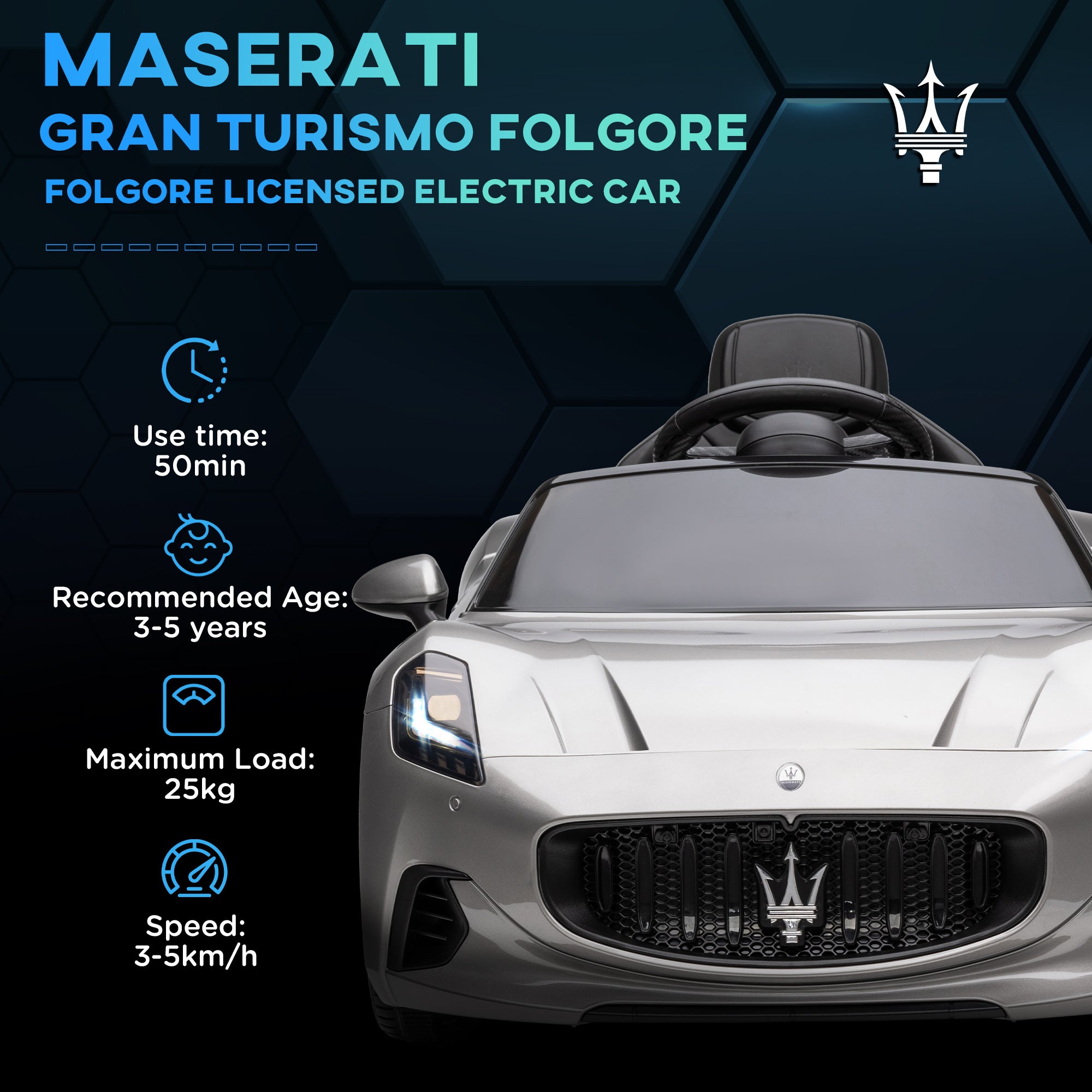 12V Maserati Gran Turismo Folgore Lincesed Kids Electric Car with Remote Control, Soft Start, Grey