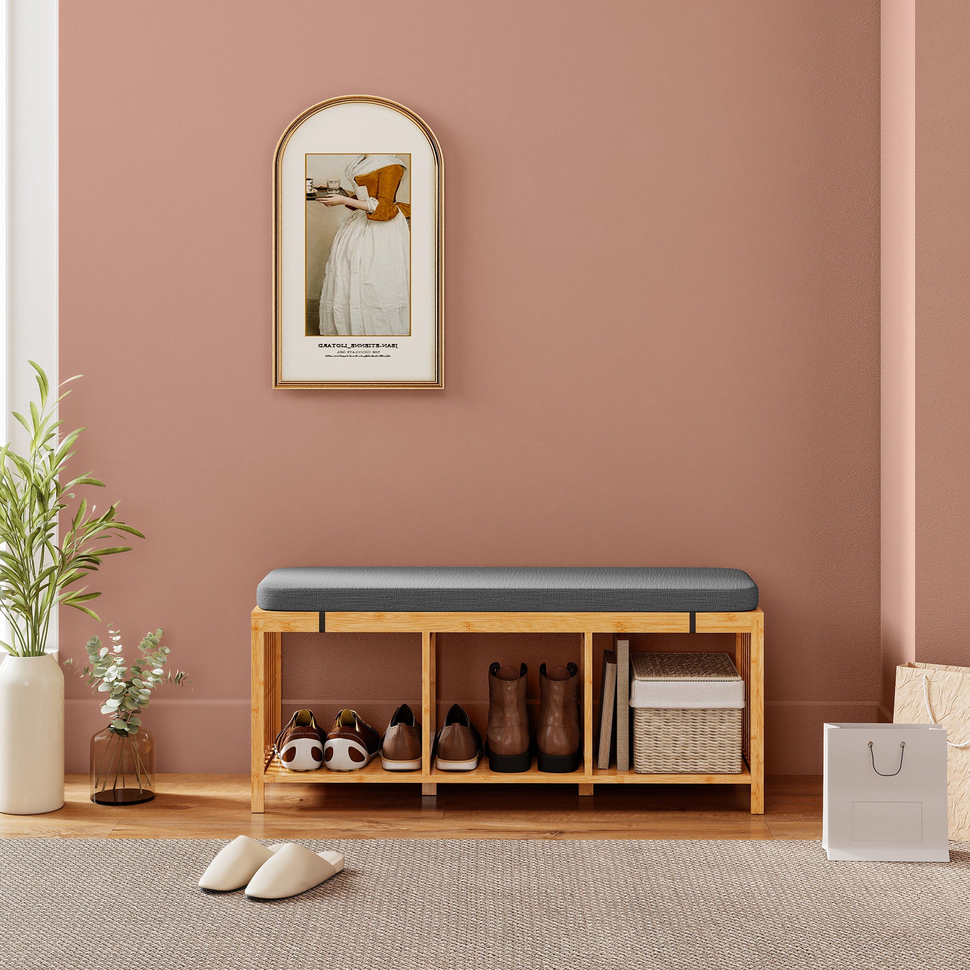 Bamboo Shoe Bench, Entryway Storage Bench with Padded Cushion and Open Shelf, Natural Wood Finish