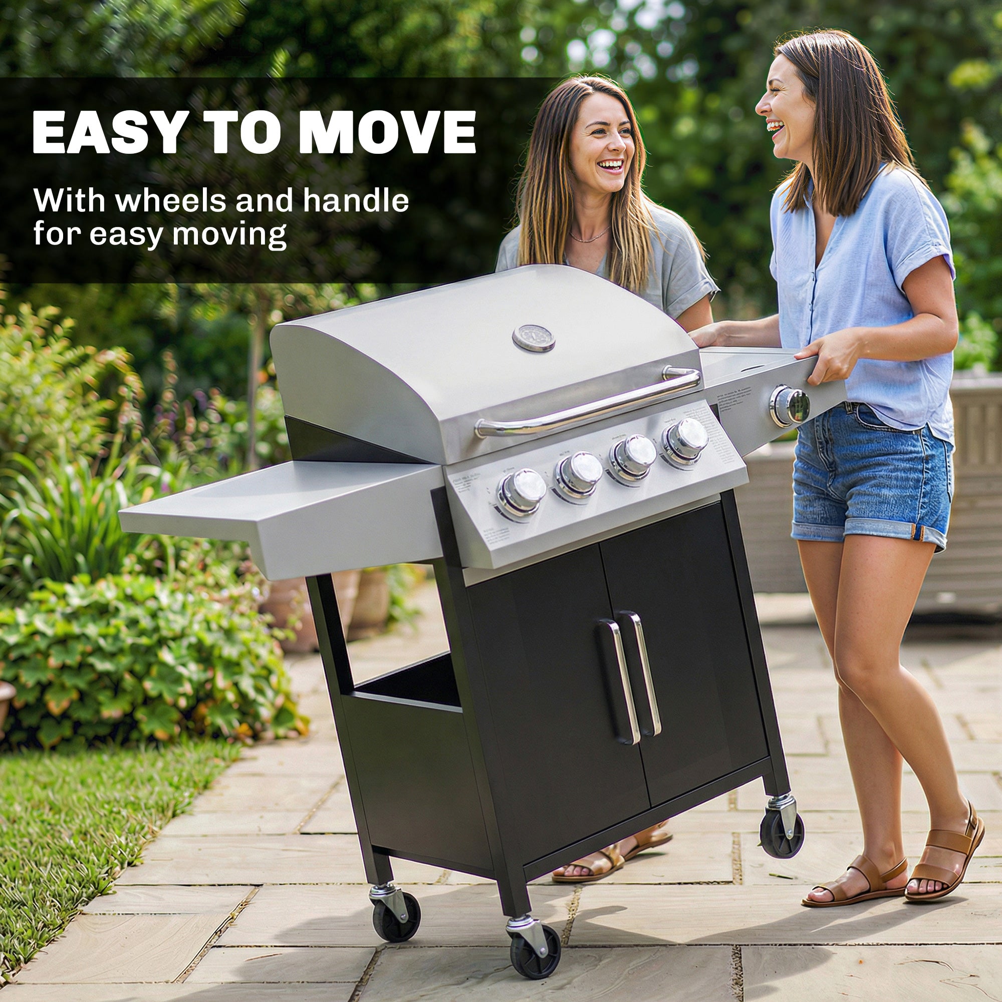 4+1 Burner Gas BBQ Grill with Side Burner, 14.5 kW Steel Portable Gas Barbecue Grill with Built-in Thermometer, Lid