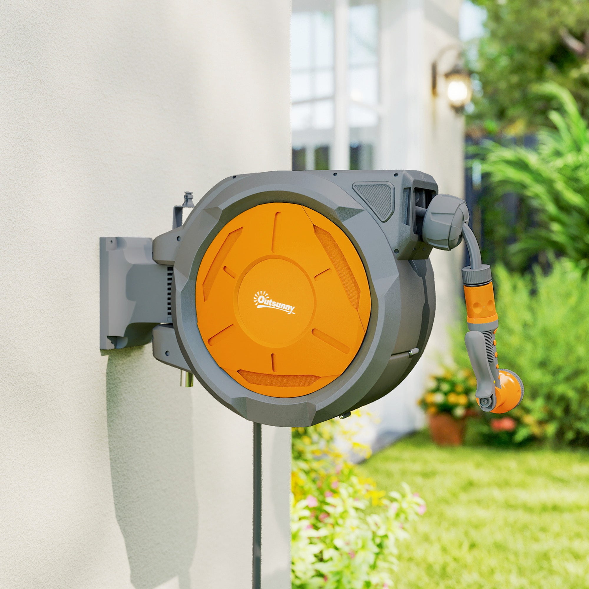 Retractable Hose Reel Wall Mounted, 30+2m Garden Hose Pipe Reel with Lock, Auto Rewind, 7 in 1 Spray Nozzle, Includes Wall Fixings, 180° Swivel, Outdoor Watering, 59 x 23 x 42 cm, Orange