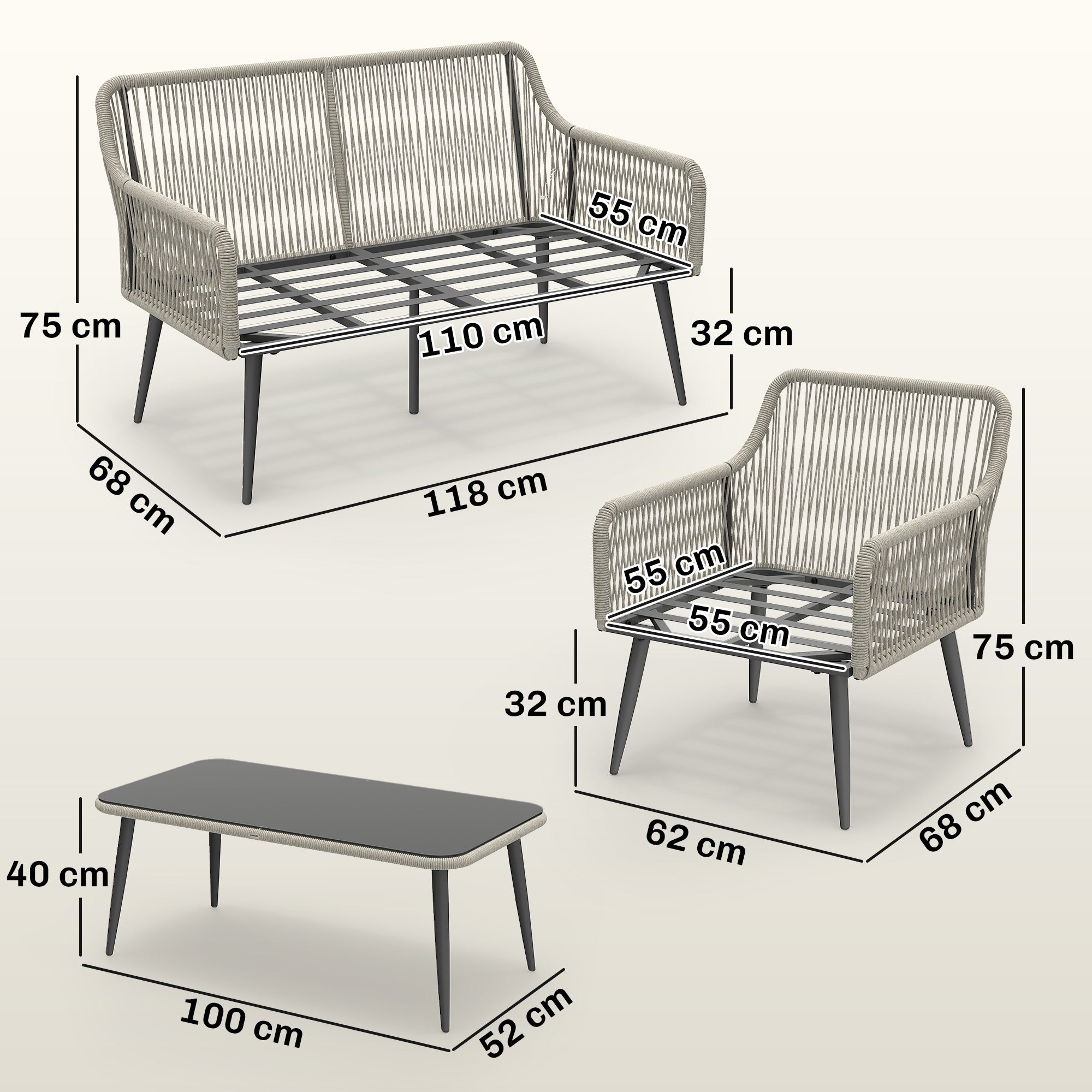 Rattan Garden Furniture Set, 4 Piece Outdoor Patio Furniture with Tempered Glass Table and Chairs, Indoor Balcony Conservatory Set