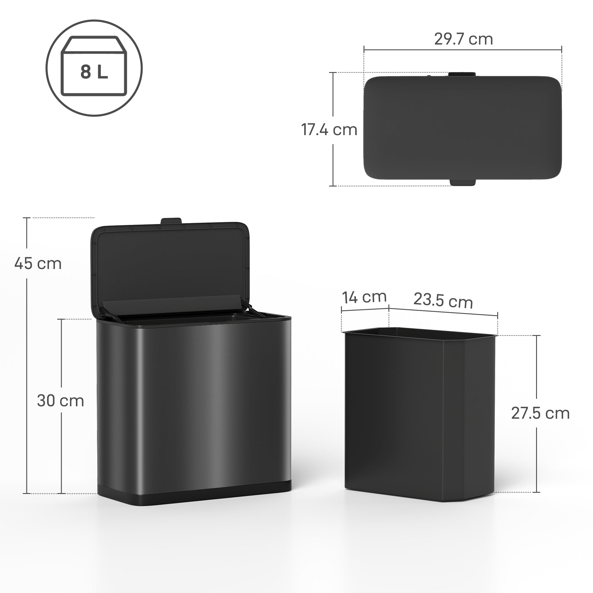 8L Hanging Kitchen Bin, Rubbish bin with Lid and Removable Inner Bucket for Kitchen Cabinet Door, Under Sink, Office