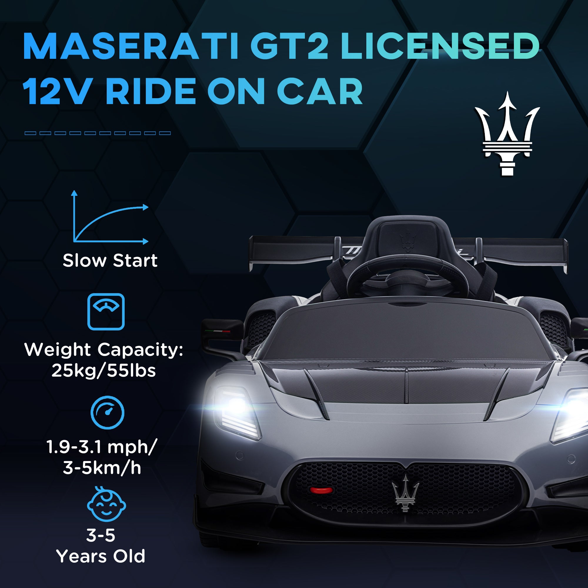 Maserati GT2 Licensed 12V Kids Electric Ride on Car with 4 Suspension, Remote Control Music Horn Lights - Grey