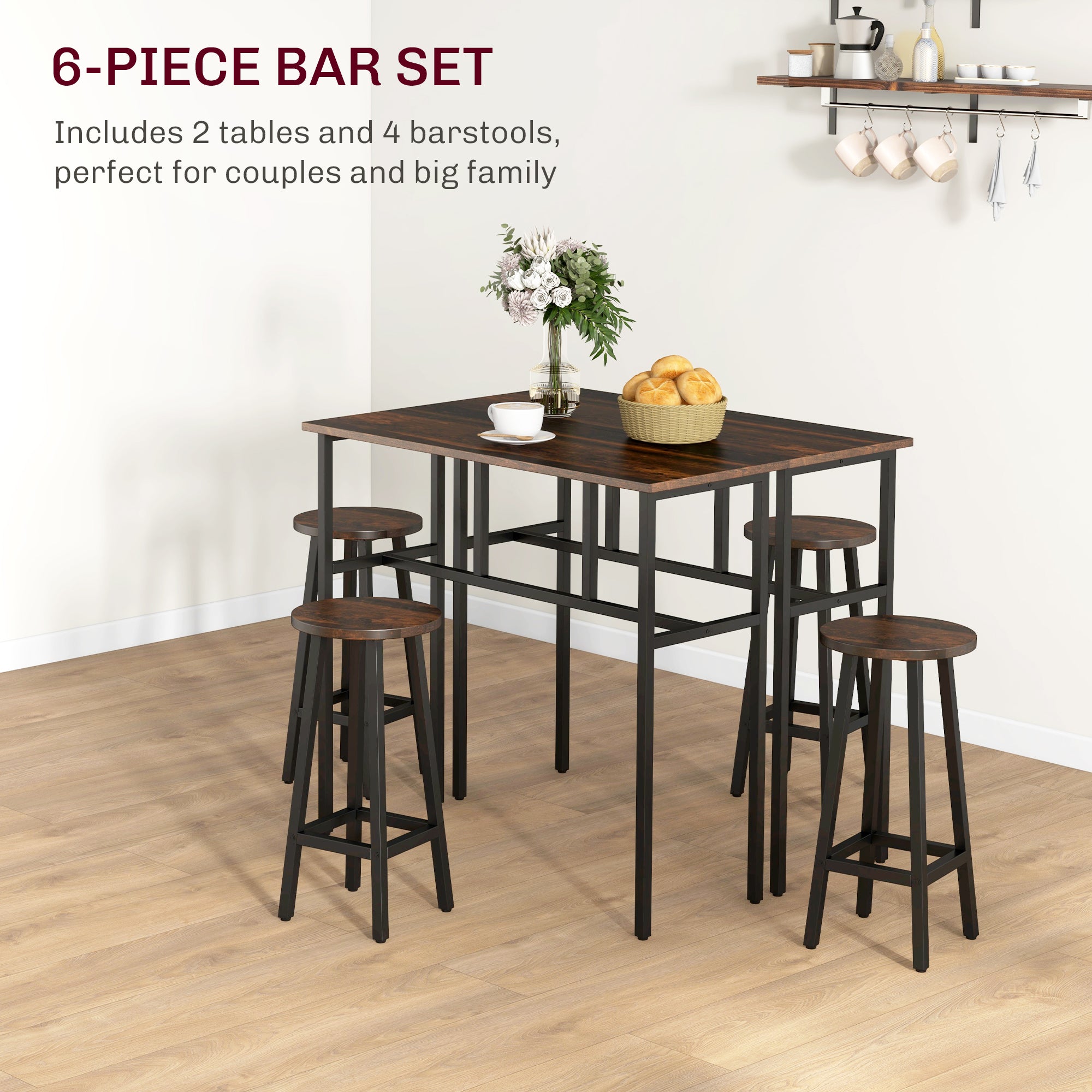 6-Piece Counter Height Bar Table Set with 2 Tables & 4 Stools - Rustic Brown