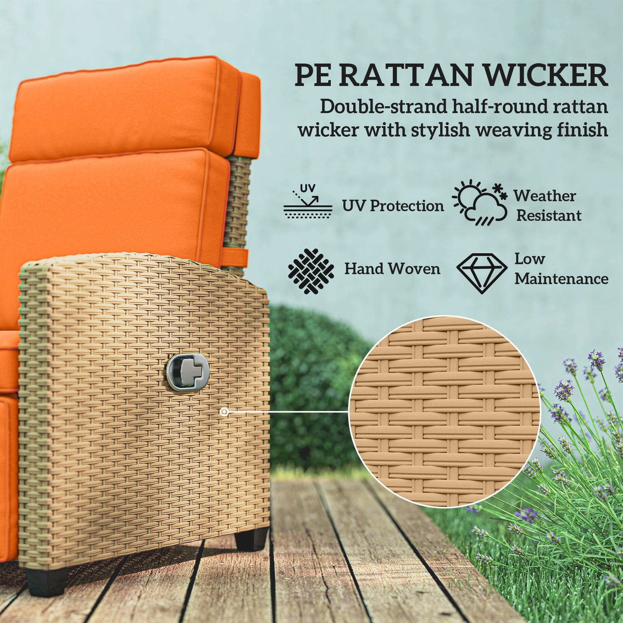 145° Reclining Rattan Armchair, with Footrest - Khaki/Orange