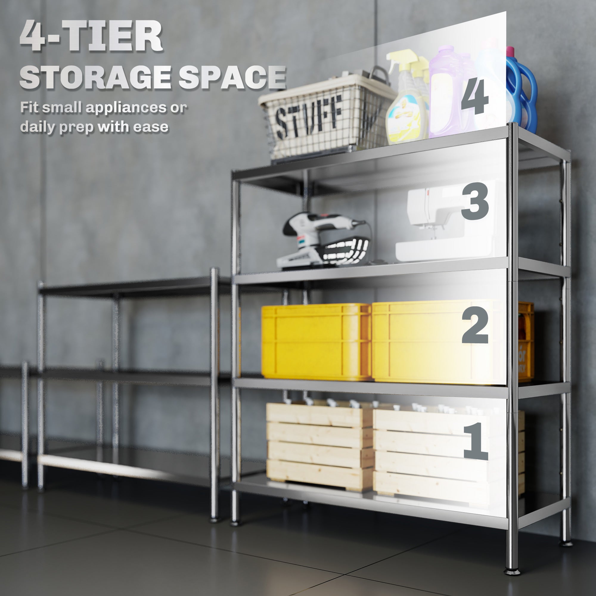 4-Tier Bakers Rack with Storage, Stainless Steel Microwave Stand with Adjustable Shelves for Small Spaces, Kitchen Storage Unit for Spices, Pots and Pans, Silver Tone