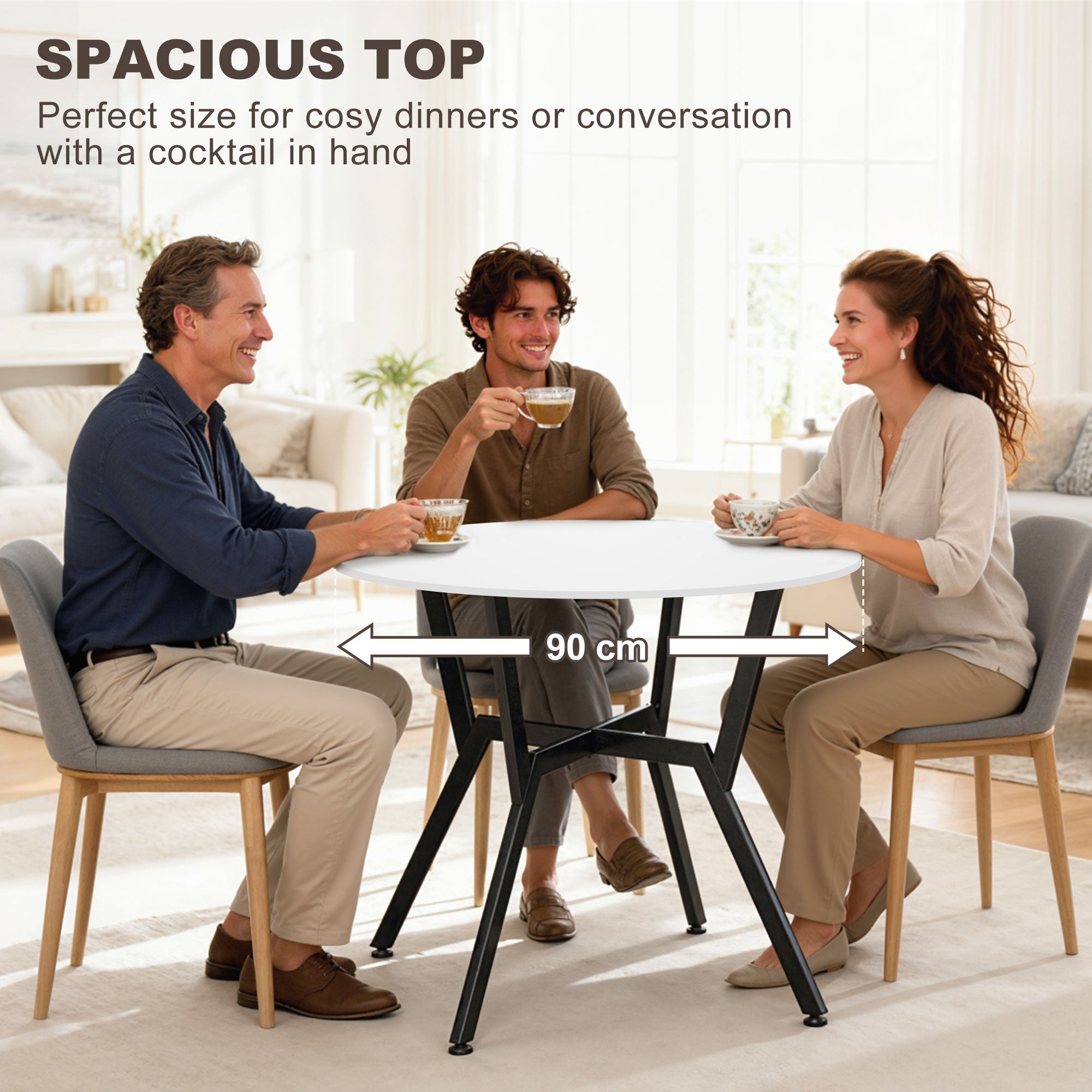 Dining Table, Round Kitchen Table with Black Legs for Living Room, Dining Room 90 x 76 cm, High Gloss White