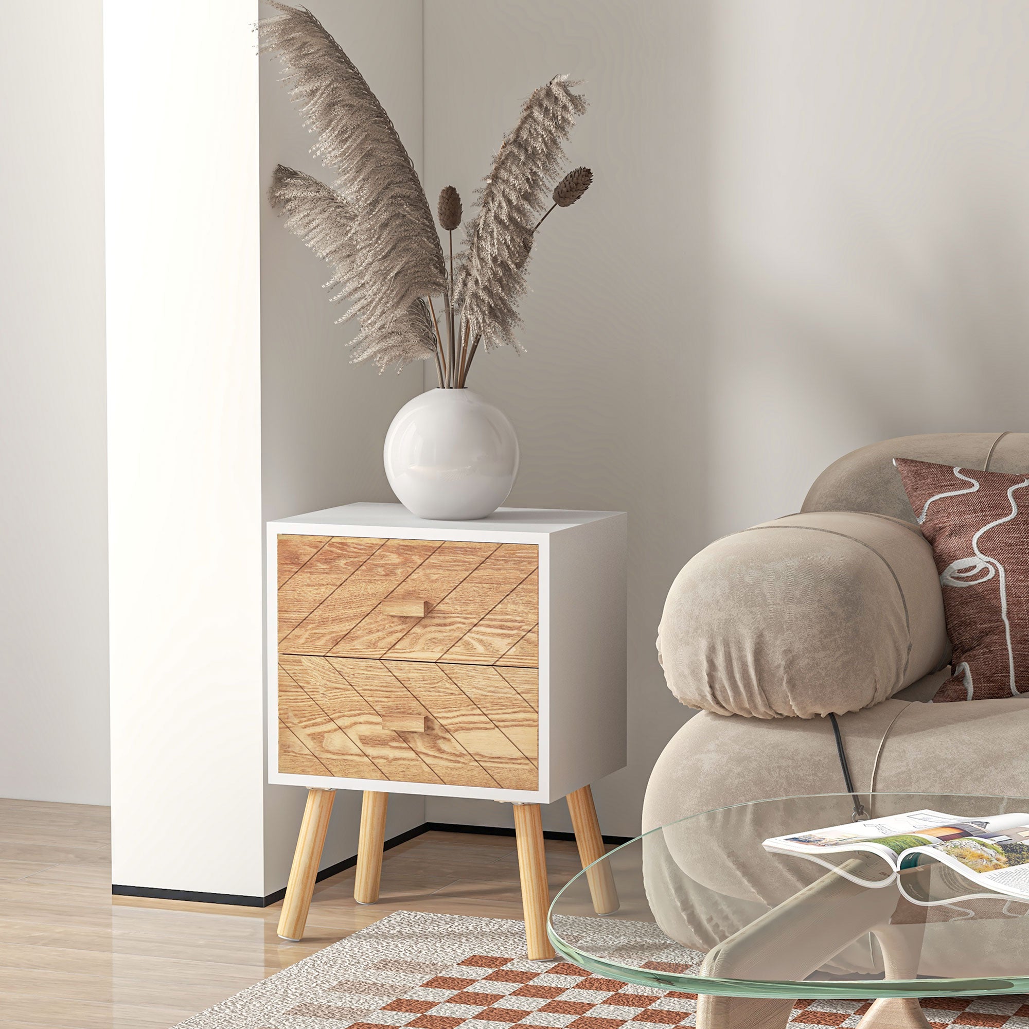Bedside Table Set of 2, Modern Bedside Cabinets with Drawer and Pine Wood Legs, Nightstand for Bedroom, White and Natural