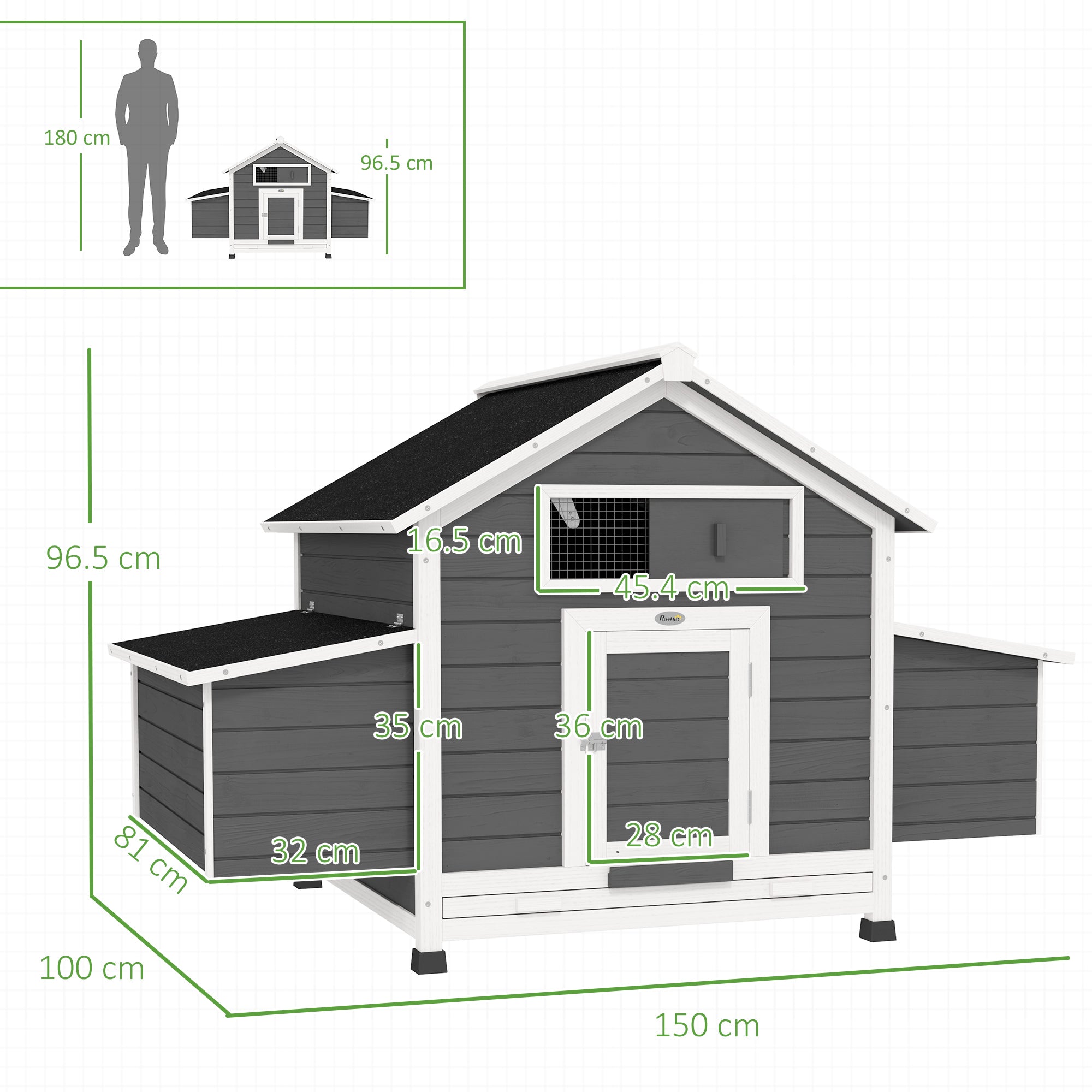 Chicken Coop, Wooden Outdoor Hen House with Nesting Box, Openable Waterproof Top, Pull-Out Tray, 150 x 100 x 97cm