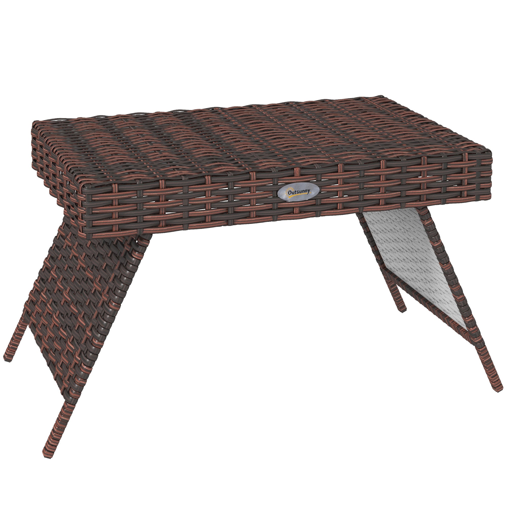 Foldable Oblong Rattan Outdoor Side Table with Steel Frame - Brown