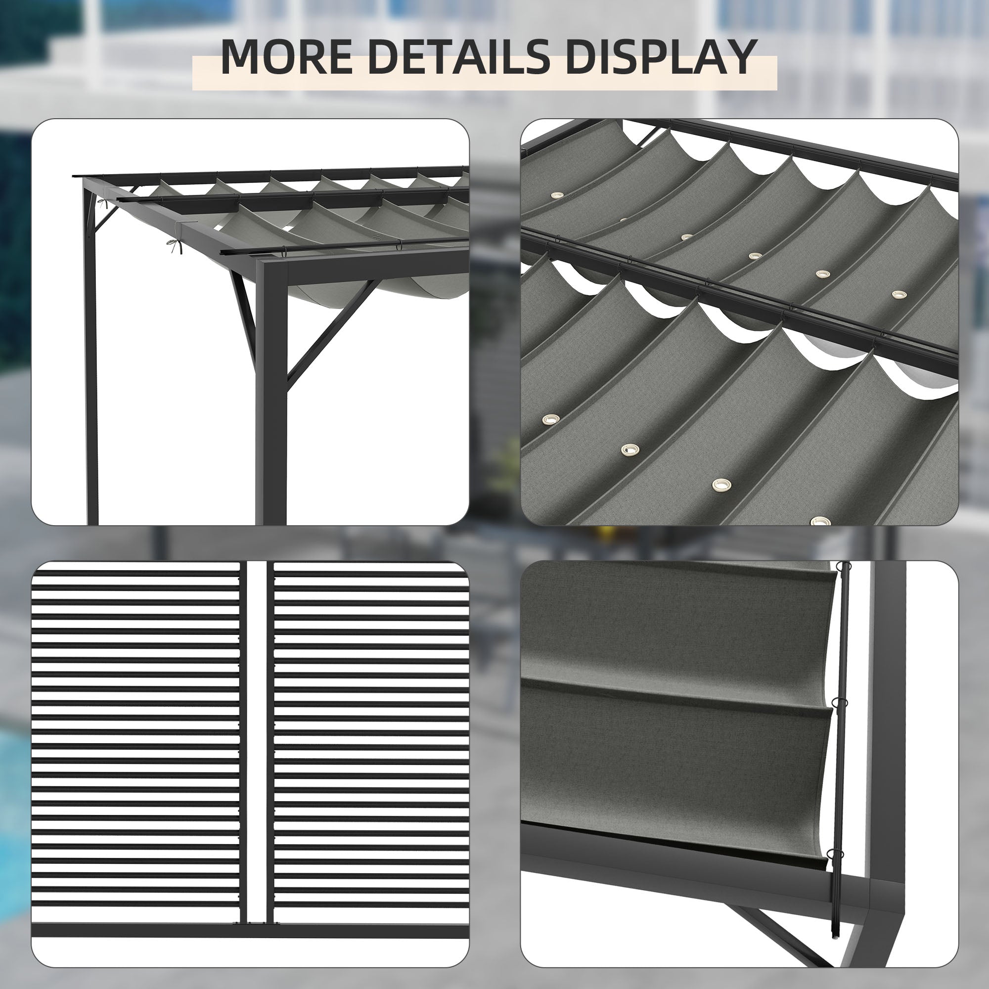 3 x 2.8m Metal Pergola, with Retractable Fabric Roof - Grey