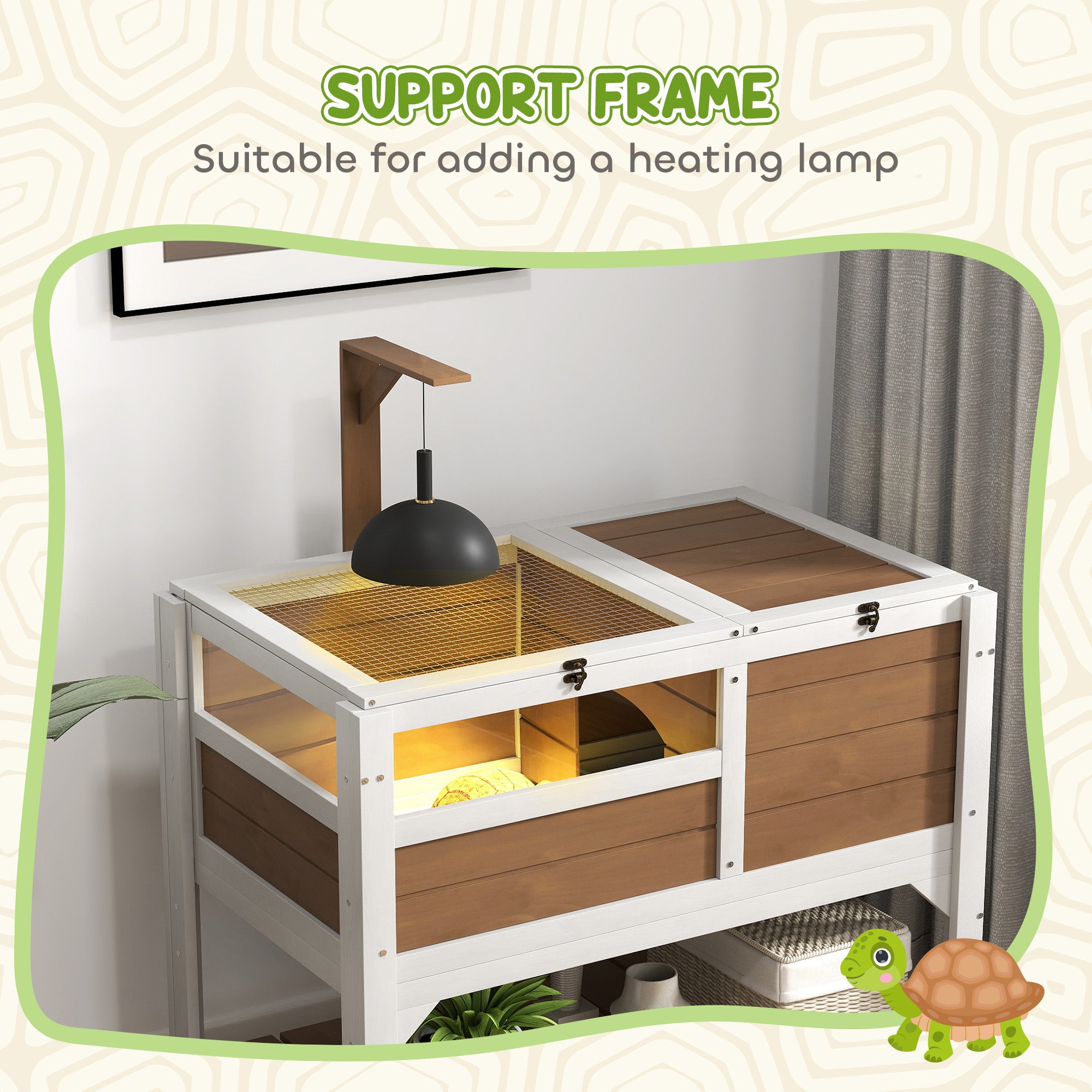 Wooden Tortoise House with Shelter, Run, Shelf, Lamp Holder, and Tray - Brown