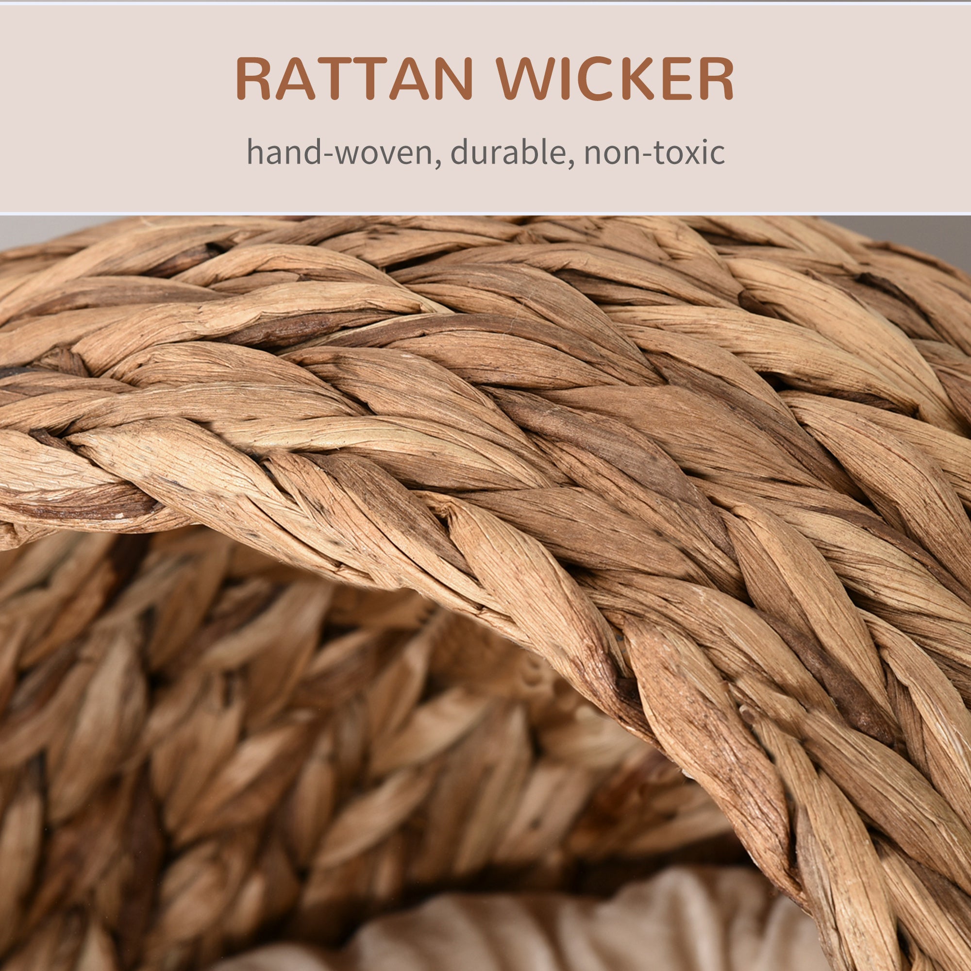 Woven Banana Leaf Elevated Cat Bed Wicker Kitten Basket Pet Den, House Cosy Cave with Soft Cushion Dome 50x42x60cm Brown
