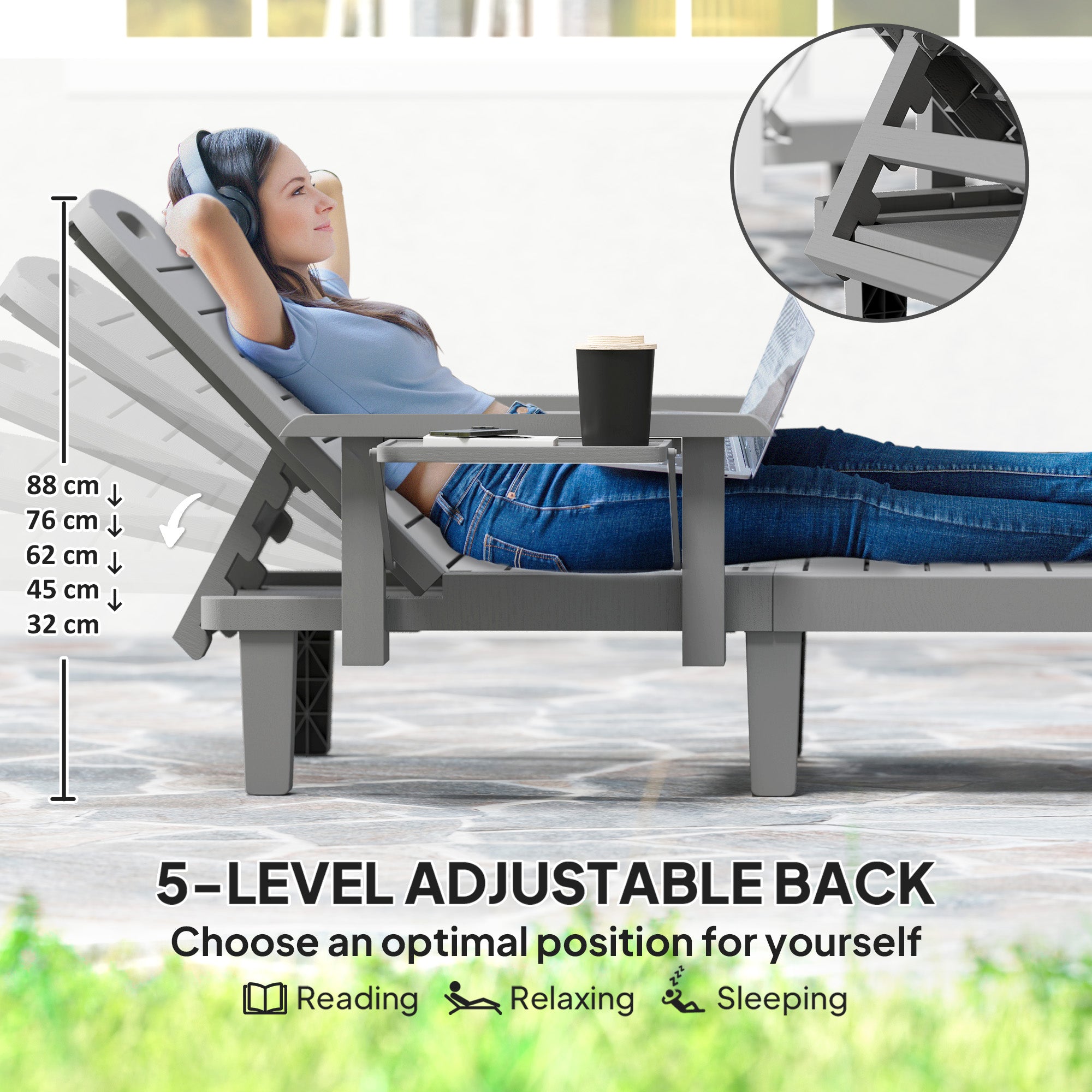 Set of 2 Resin Reclining Sun Loungers for Garden, 5 Positions Adjustable Outdoor Chaise Lounge Chairs with Wood Texture Surface, Armrests, Foldable Side Table for Garden, Beach, Dark Grey