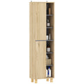 Multi-Storage Slim Bathroom Cabinet with Shelves and Cupboards - Natural Wood Finish