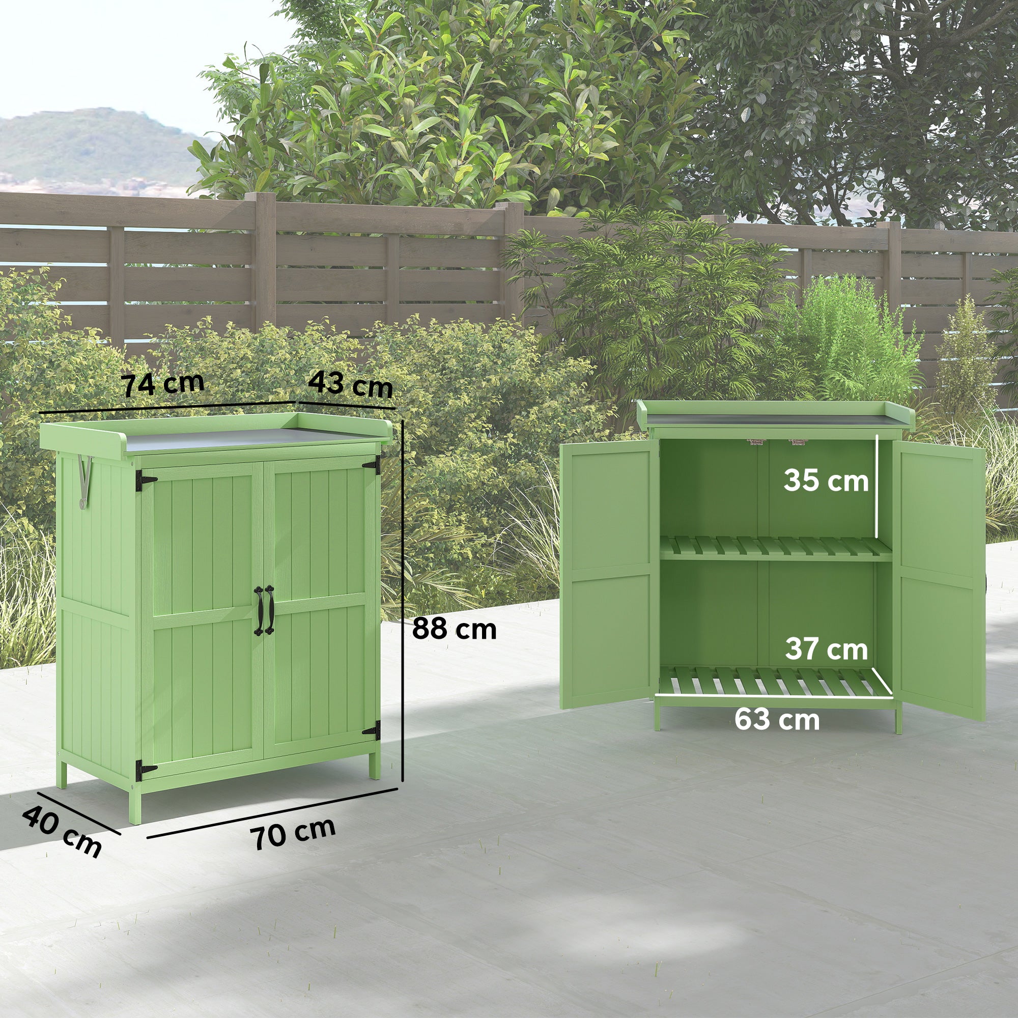Wooden Garden Shed, Garden Tool Storage Shed with Hinged Roof and Shelf, Outdoor Storage Cabinet with Double Doors, Light Green