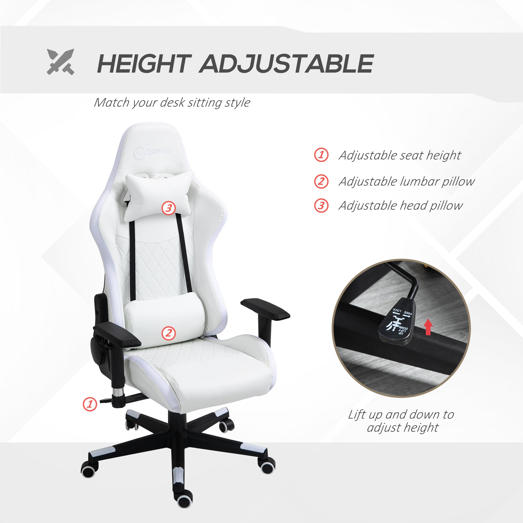 Gaming Chair with RGB LED Light, 2D Arm, Lumbar Support, Height Adjustable Swivel Office Computer Recliner, Racing Gamer Desk Chair for Home, White