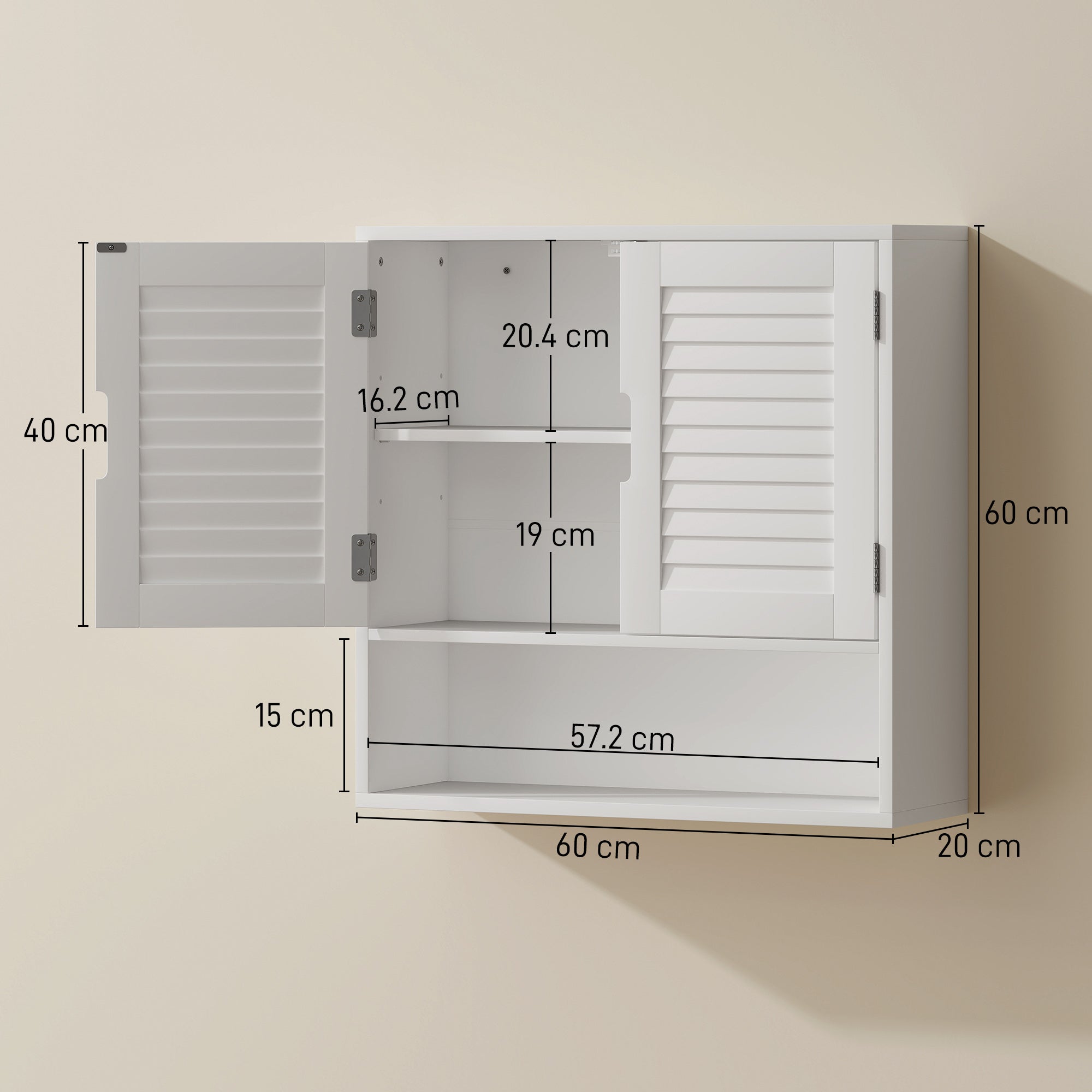 Bathroom Cabinet, Wall Mounted Storage Cabinet with Adjustable Shelves, 60 x 20 x 60 cm, White