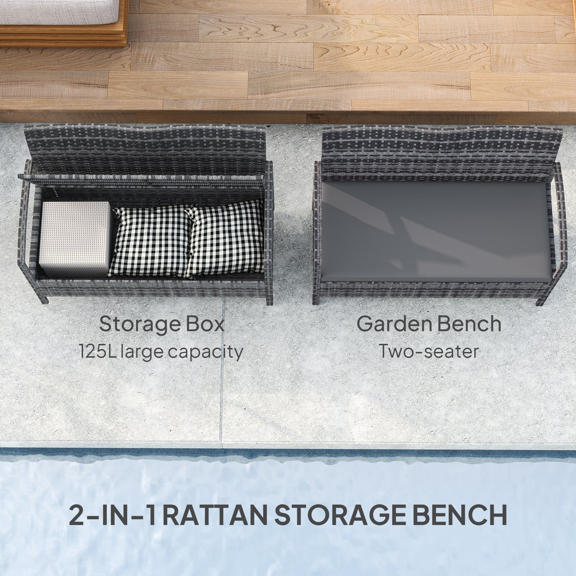 125L Garden Storage Bench with Cushion - Grey