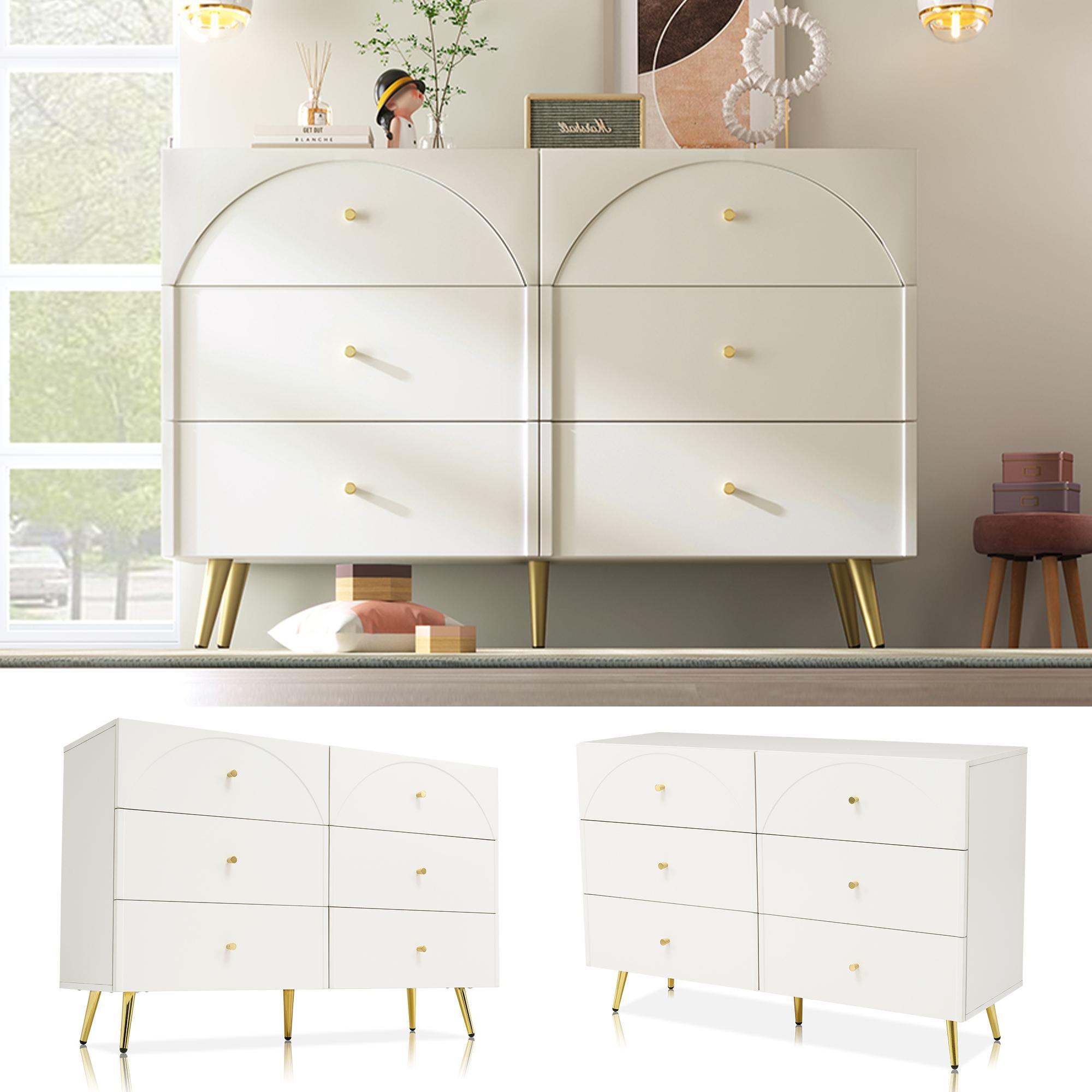 Height Ajustable Sideboard with 6 Storage Drawers, Cabinet with Wood and Metal Construction, 120L x 40W x 85H cm, White