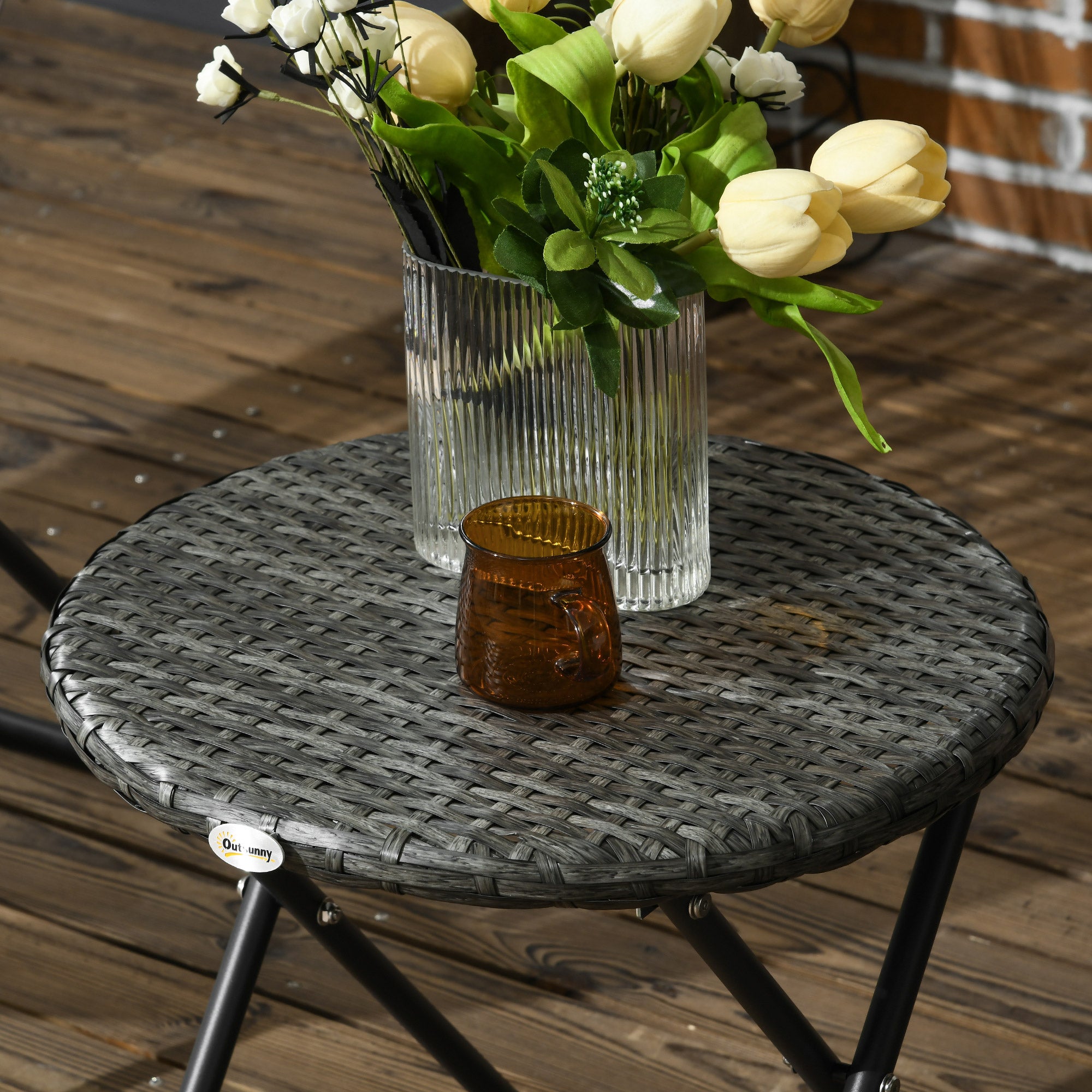 3 Pieces Rattan Bistro Set, Wicker Folding Garden Furniture Set with Round Coffee Table and Chairs for Outdoor, Patio, Balcony, Grey