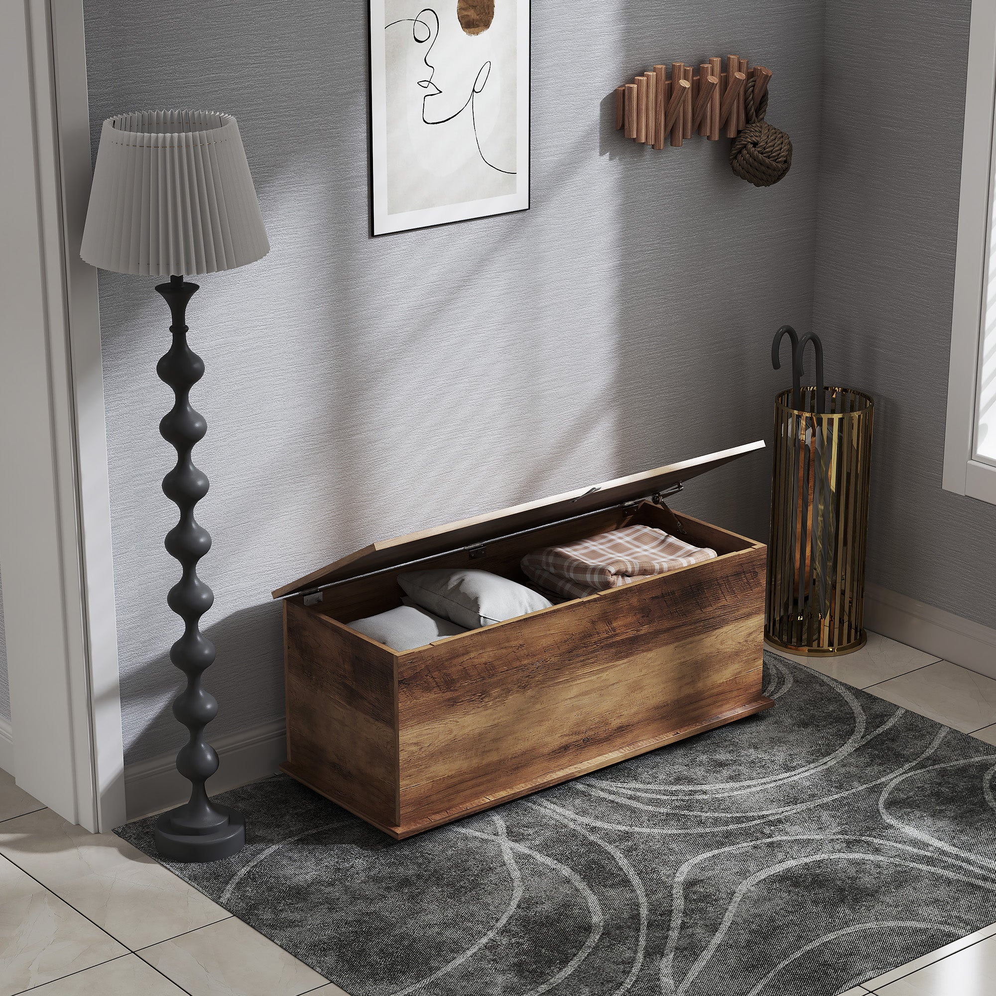 113L Storage Chest with Flip-Top Lid and Safety Hinges, Storage Trunk for Living Room and Entryway - Brown Wood Grain