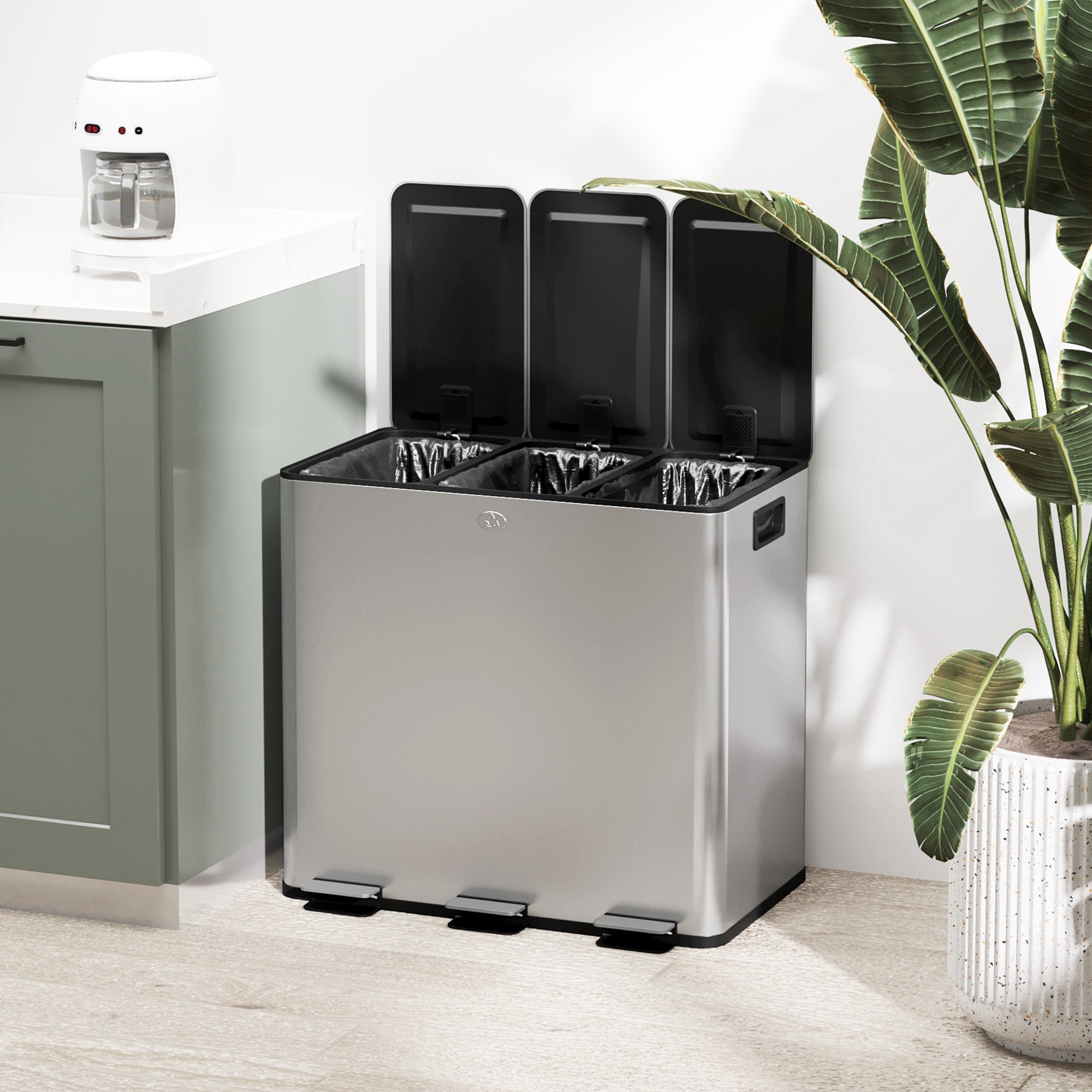 3 x 15L Steel Triple Pedal Kitchen Bin with Soft Close Lid and Removable Buckets - Silver Tone