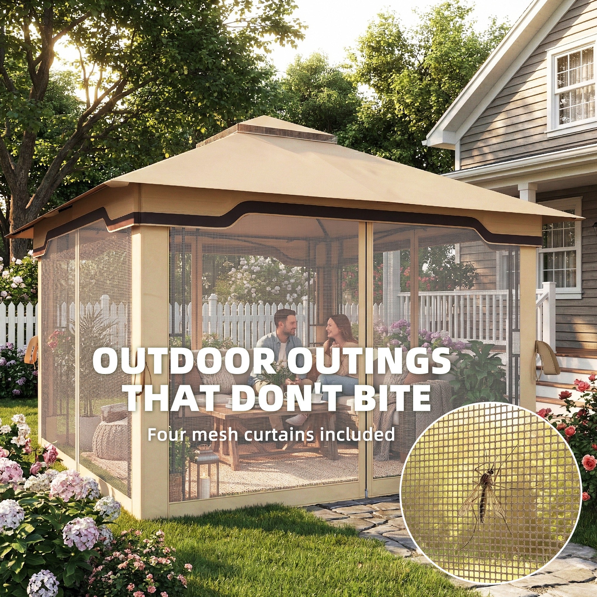 3.3 x 3.3 m Outdoor Garden Gazebo with Post Shelves, UPF50+ Patio Permanent Pavilion with Hook, Khaki