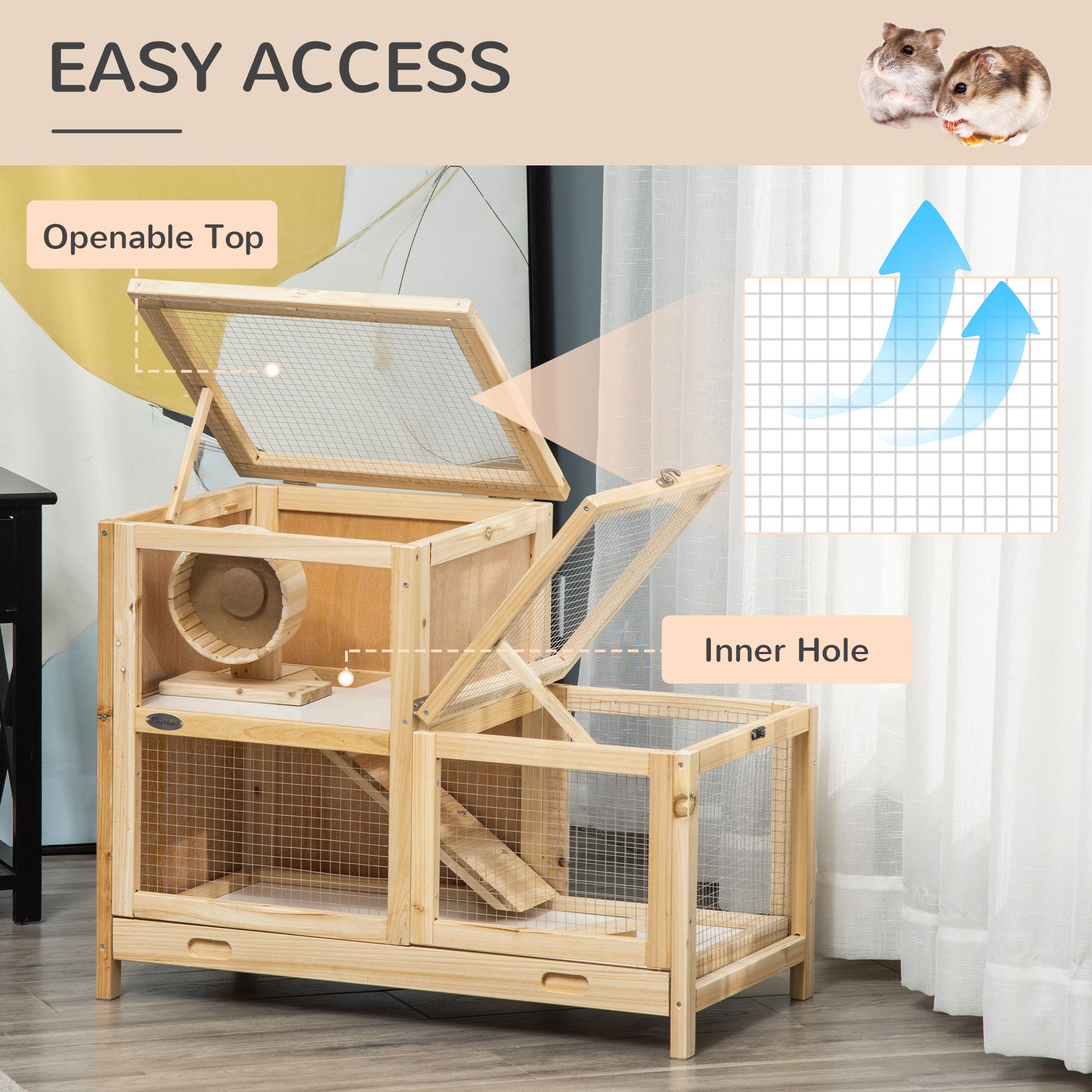 Wooden Hamster Cage with Sliding Tray, 2 Tiers Gerbil Cage Mice Rodent Small Animal Hutch with Run Area, Openable Roofs, Ramp, Seesaw, Running Wheel, 78 x 41.5 x 60 - Natural