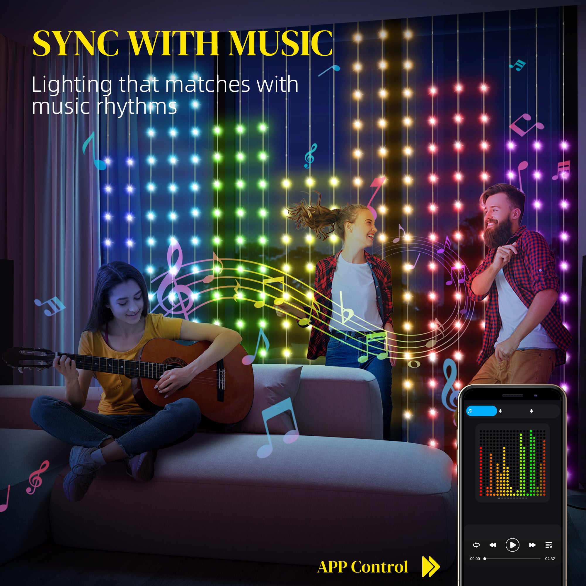 LED Curtain Lights, Smart Curtain Fairy Lights Plug In, Colour Changing Wall Lights with Remote, App, Dynamic DIY Hanging Window String Lights for Bedroom Living Room, 3x3(m), 400 RGBIC LED