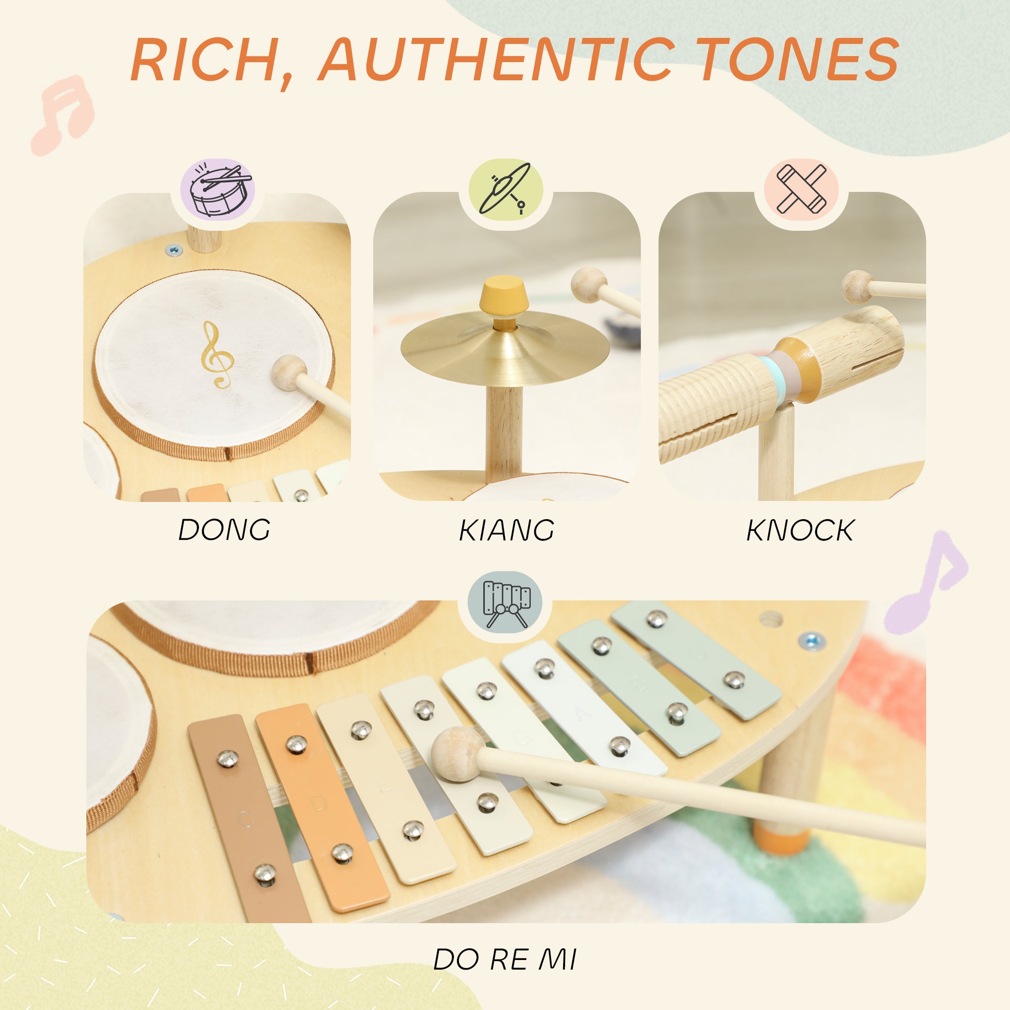 Baby Drum Kit, Wooden Kids Musical Instruments with Drums and Xylophone, Gifts for Girls Boys Birthday, Natural