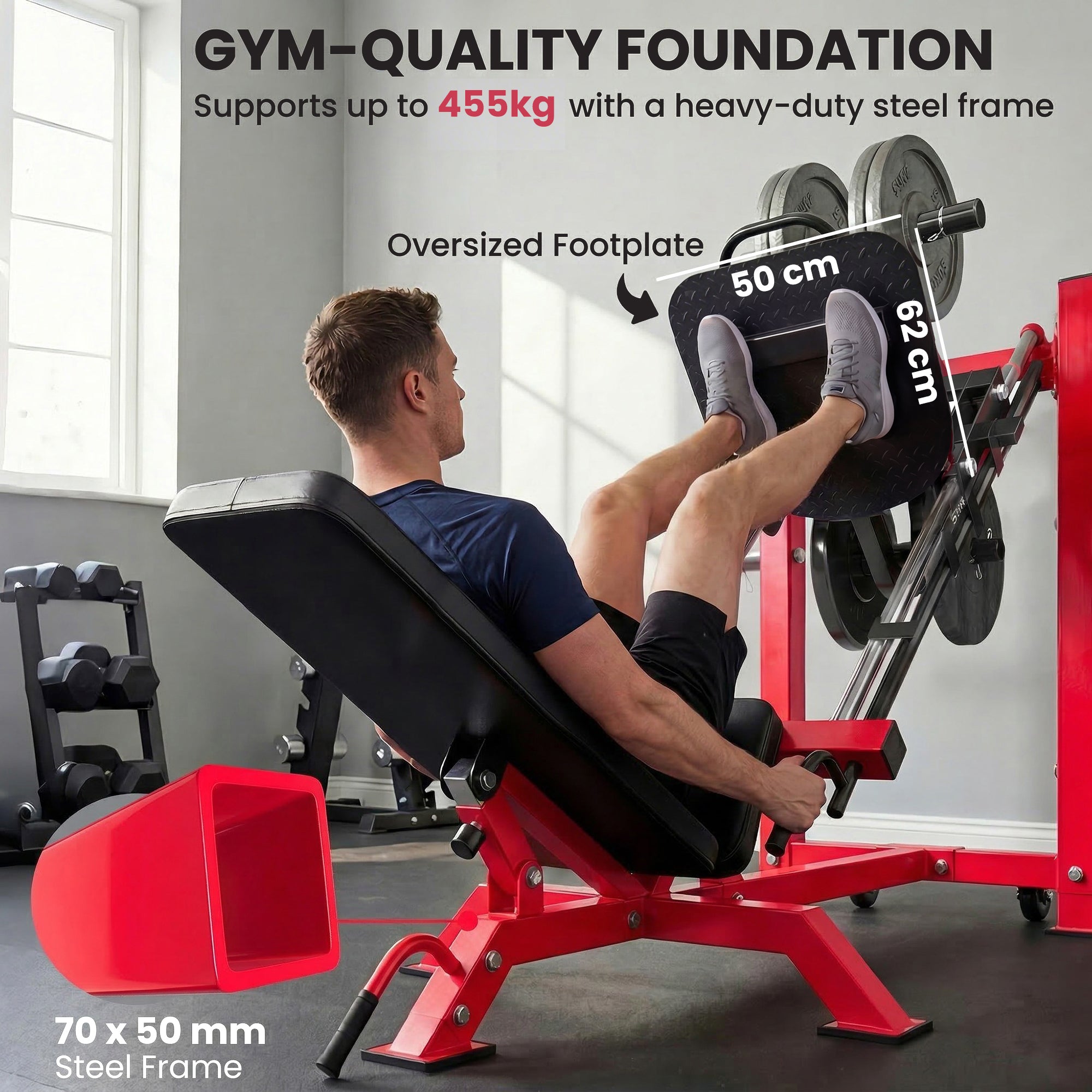 Leg Press Machine with Wheels and Calf Block, Adjustable Squat Machine for Home Gym, 455KG Capacity