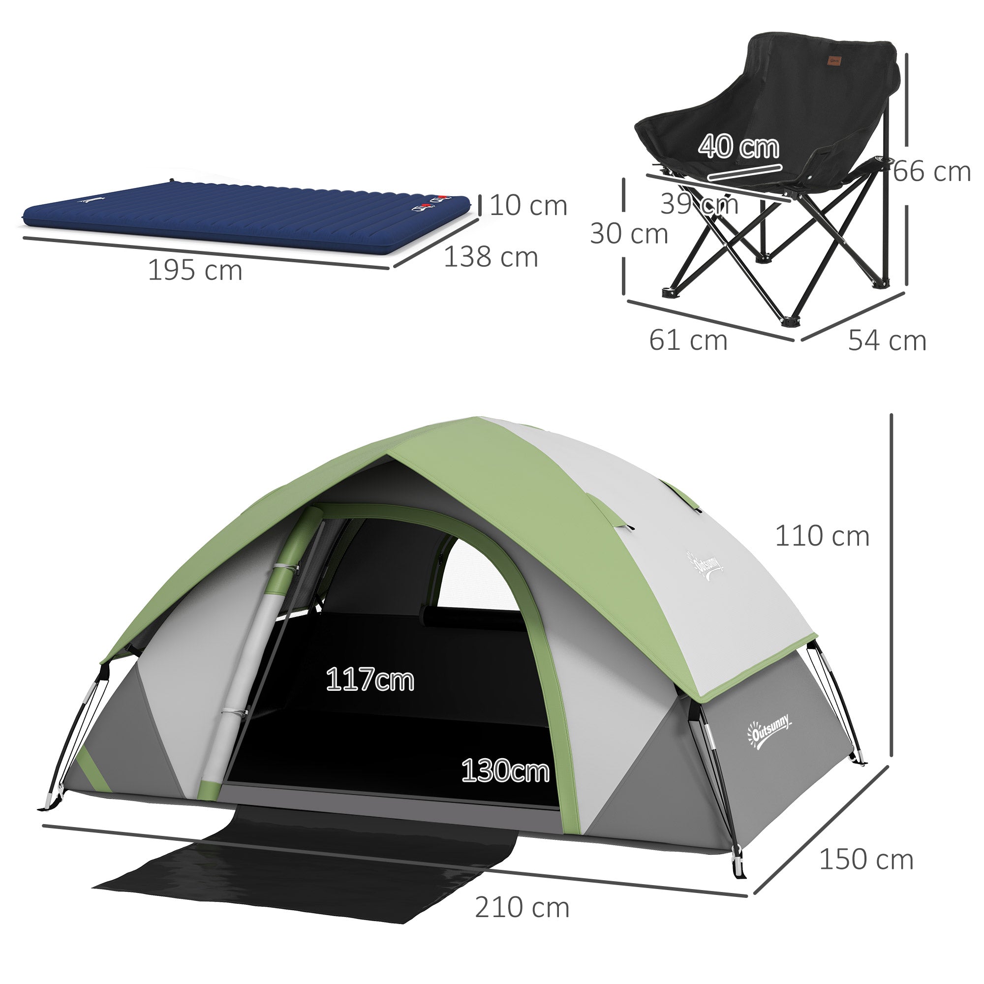 Camping Tent with Inflatable Mattress and Camping Chair, 2-3 Person Dome Tent with Sewn-in Groundsheet, Portable 3000mm Waterproof Tent with Carry Bag and Hook, for Fishing Hiking