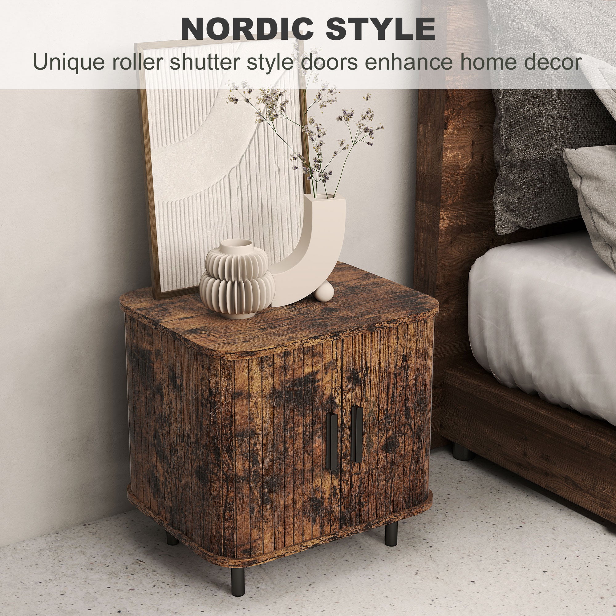 Nightstand with Sliding Doors and Metal Legs Rustic Brown
