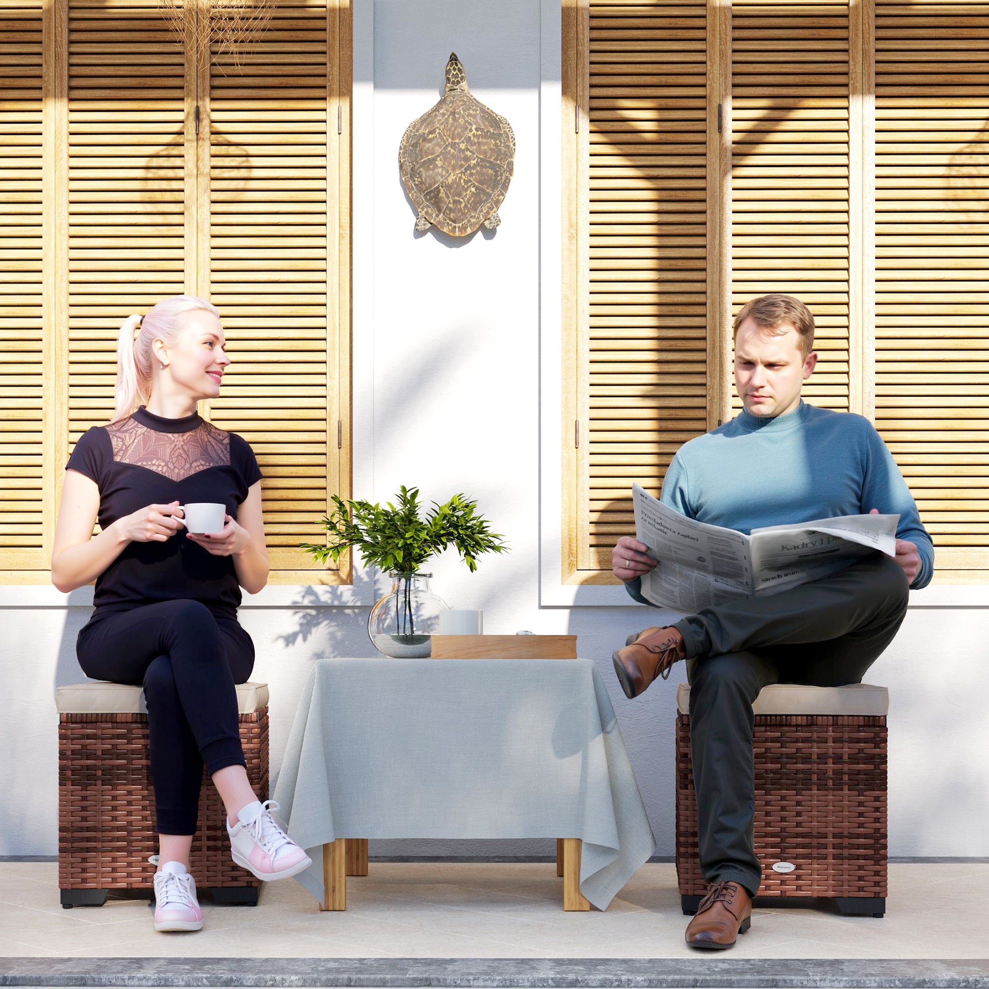 Set of 2 Rattan Storage Ottomans with Removable Cushions Beige