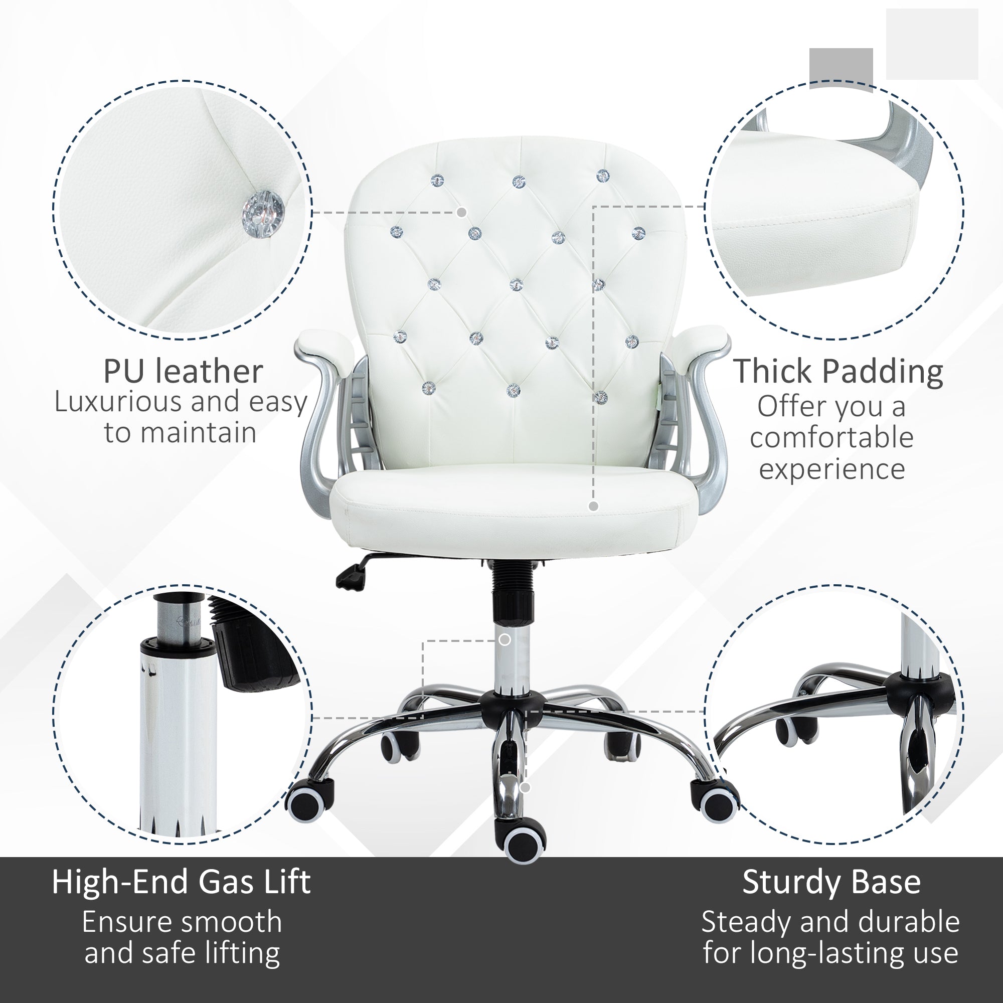 Office Chair Ergonomic 360° Swivel PU Diamante Padded Base 5 Castor Wheels for Home Work White