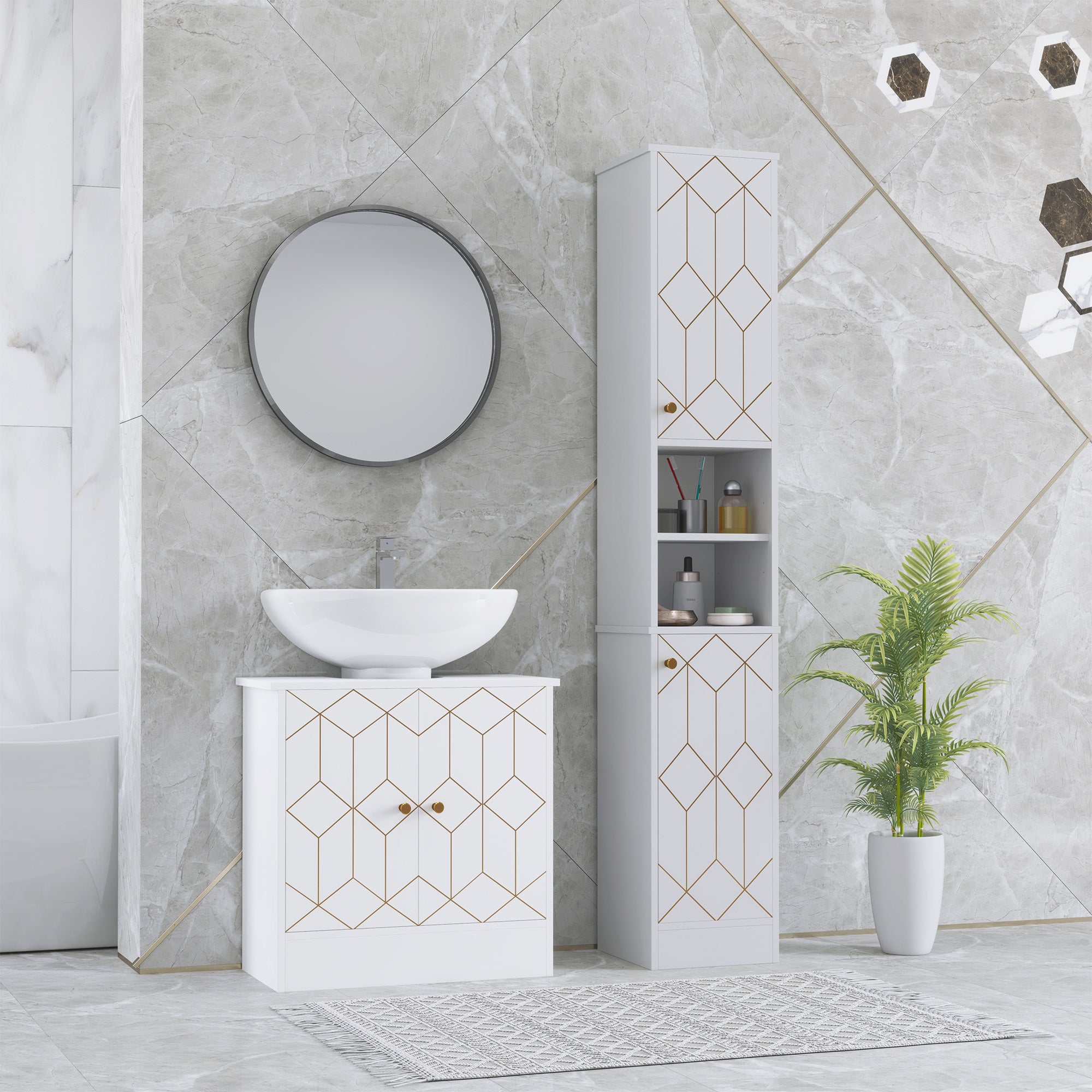 Tall Slim Freestanding Bathroom Storage Cabinet with Doors and Adjustable Shelves - White