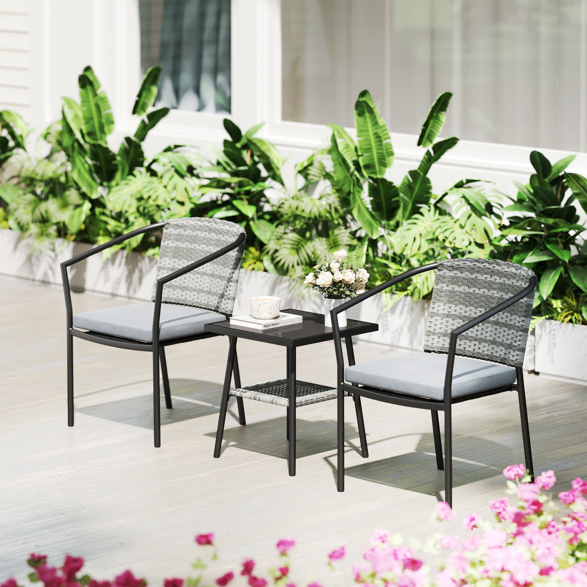 3 Piece Rattan Bistro Set with Cushions and Glass Top Table - Grey